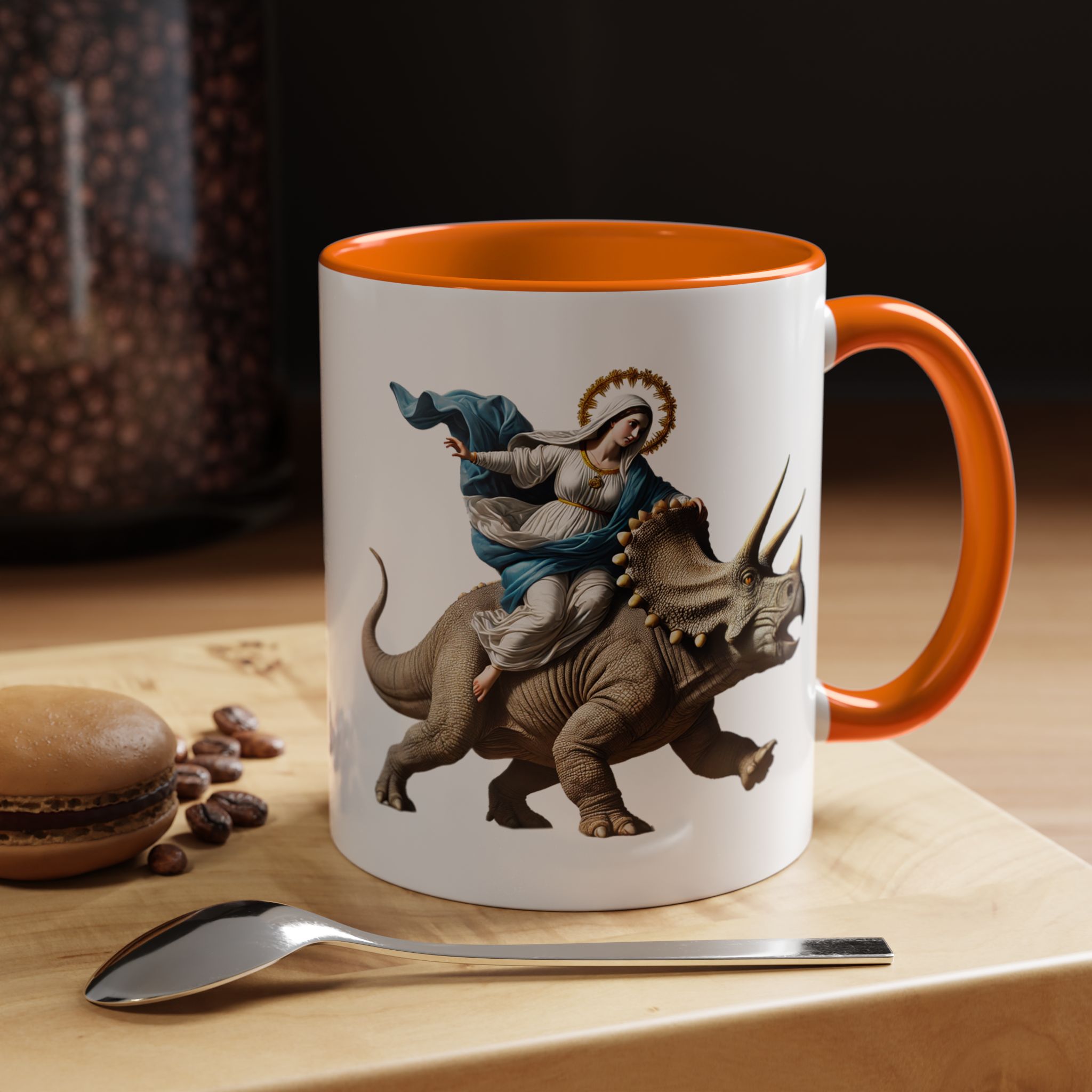 Sarcastic Coffee mug jurassic Virgin mary riding triceratops funny office mug boho gift tea cup cute accessory – Image 43