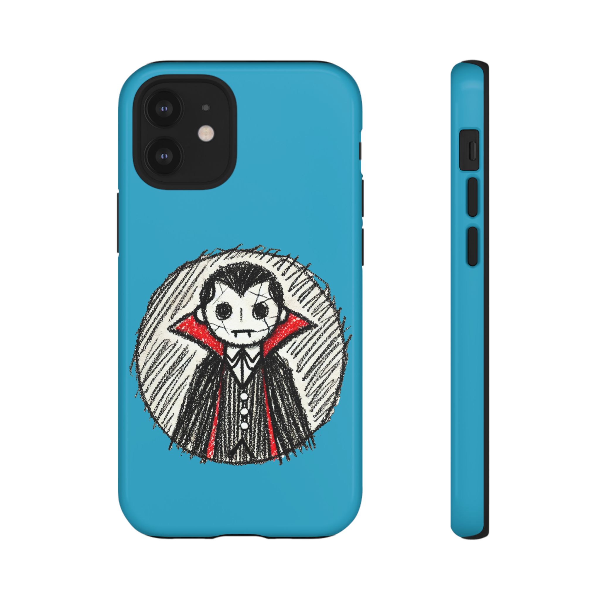 Phone case featuring a vampire character with a blue background and sketch-style design.