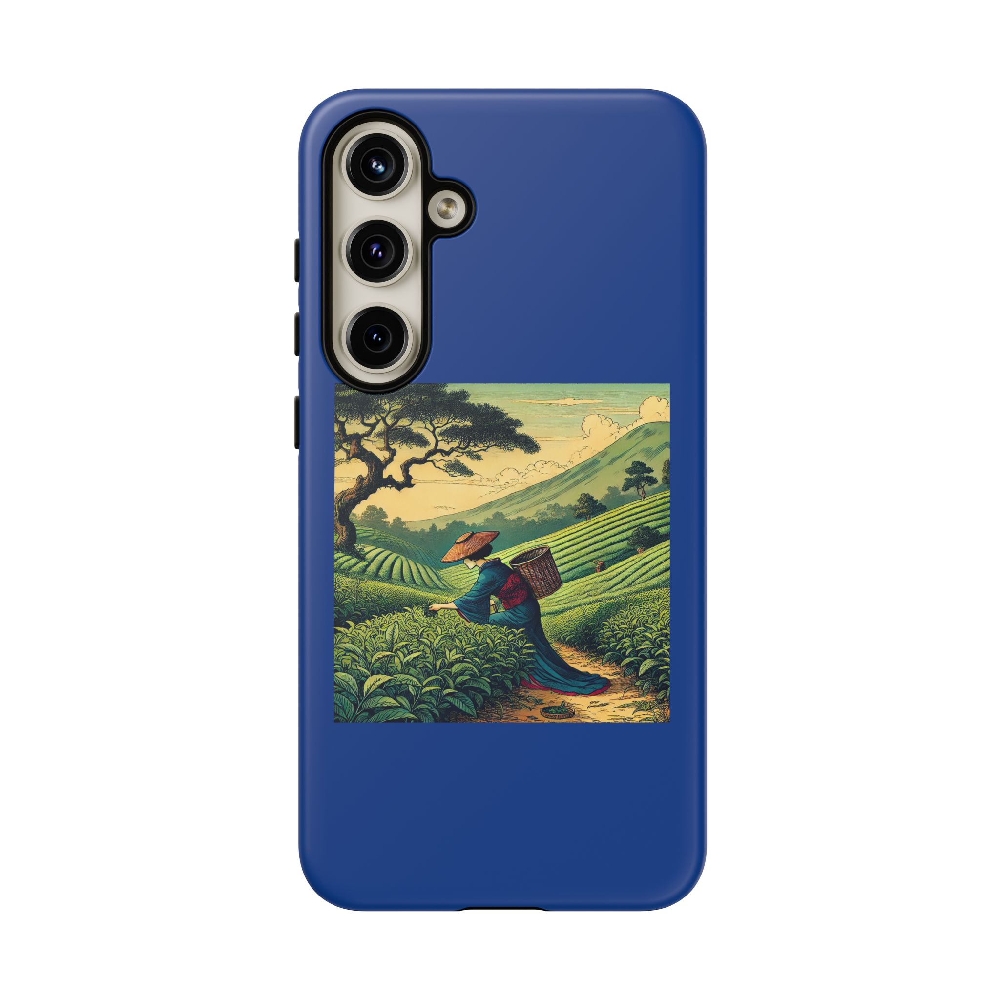 Blue phone case featuring artwork of a figure carrying a basket in a tea plantation.