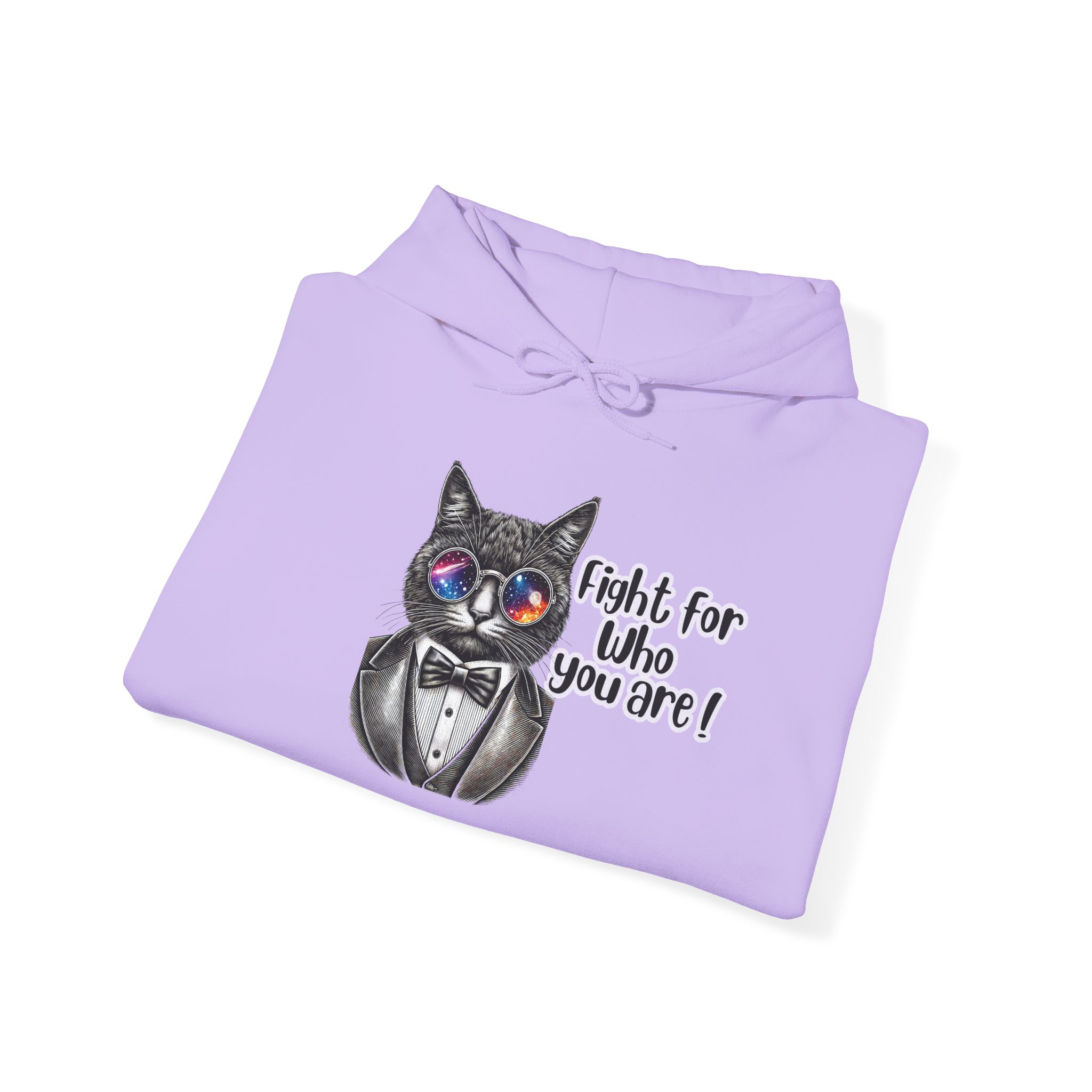 Purple hoodie featuring a cat in a tuxedo with glasses and the text 'Fight for who you are!'