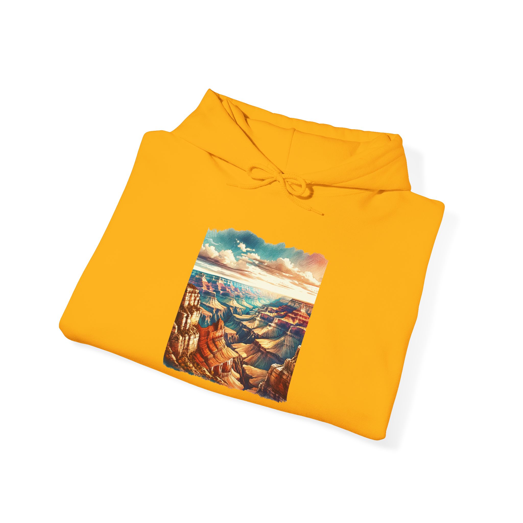 Yellow hoodie featuring a graphic of the Grand Canyon landscape on the front.