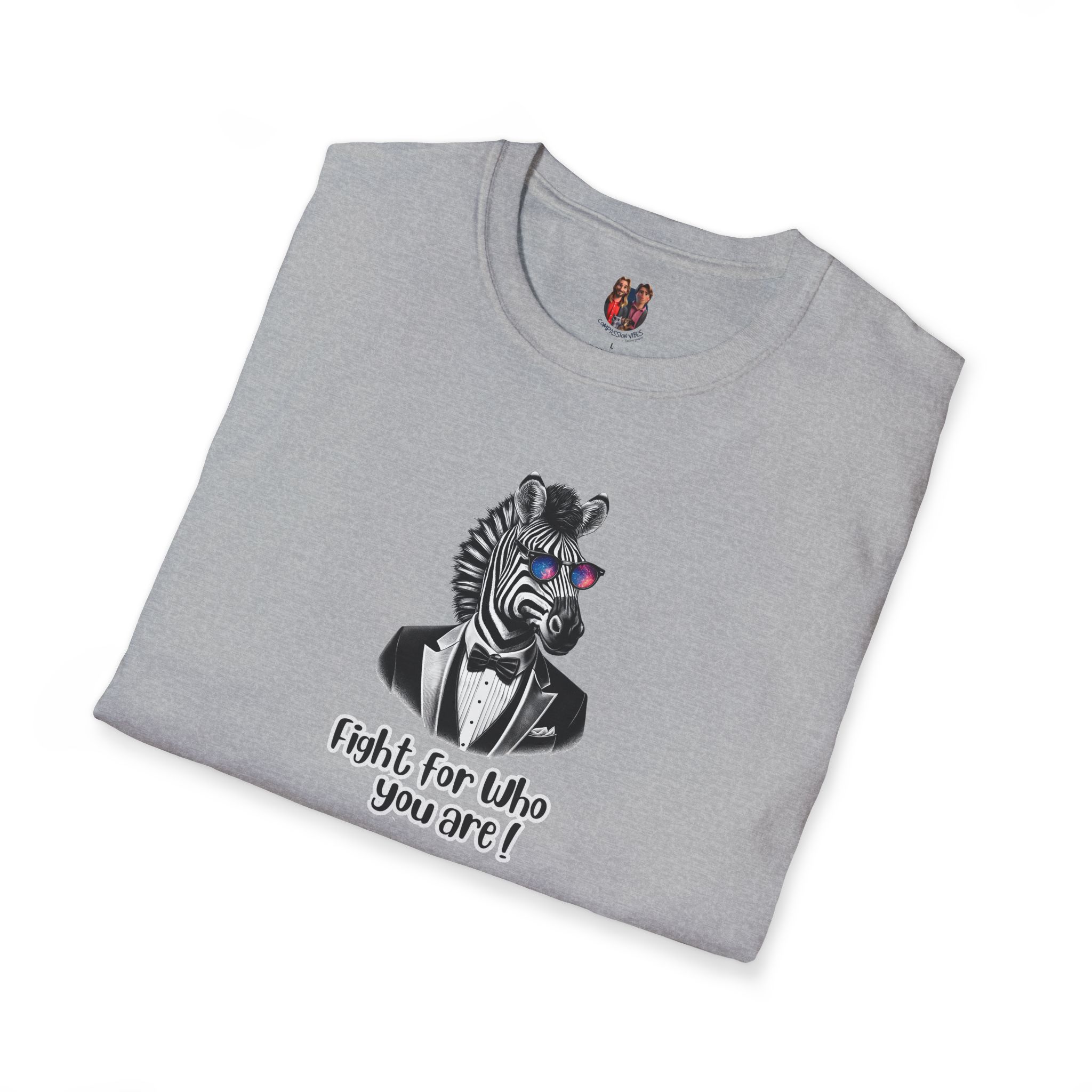 Gray t-shirt featuring a zebra in a tuxedo with sunglasses and the text 'Fight for Who You Are!'