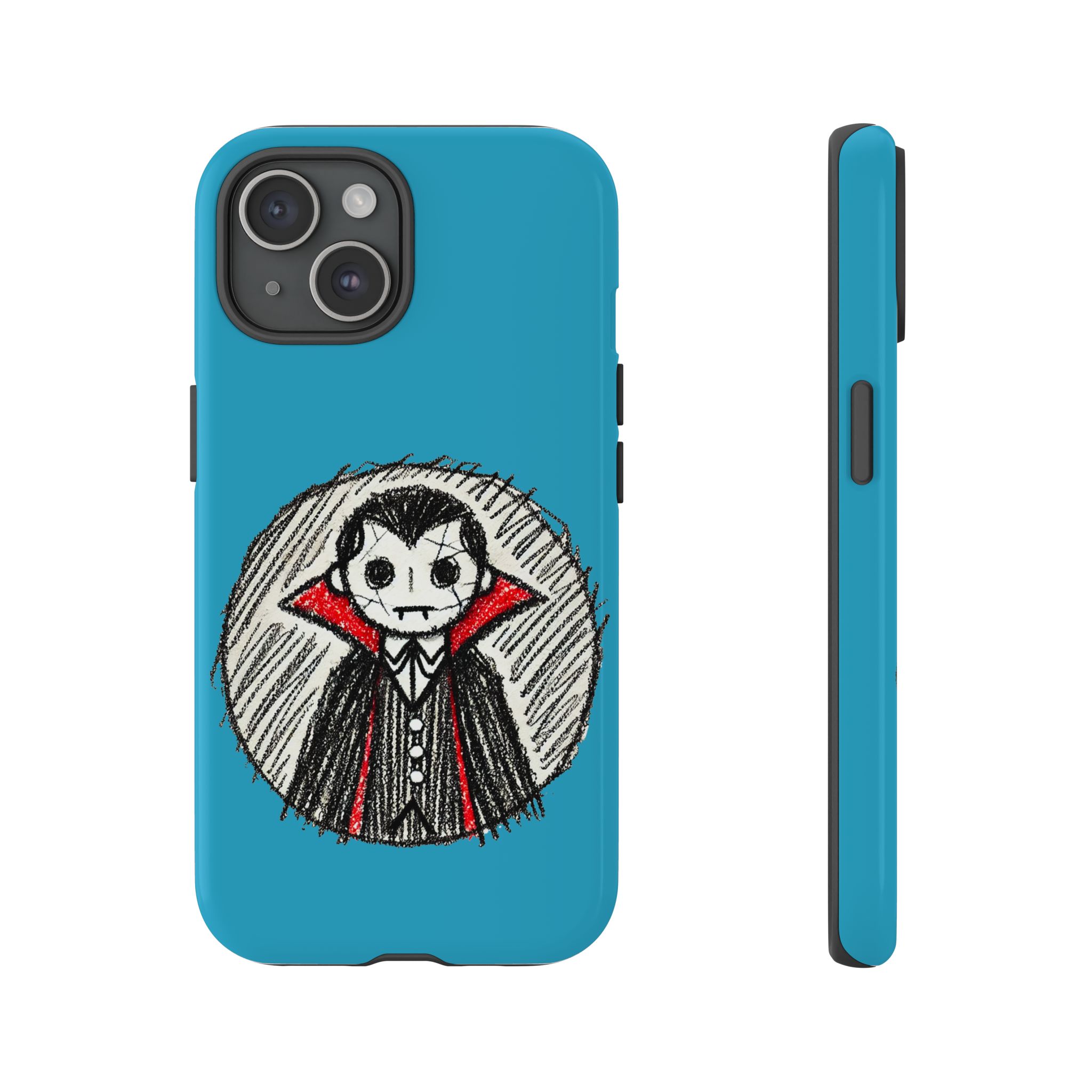 Phone case featuring a vampire character with a blue background and sketch-style design.
