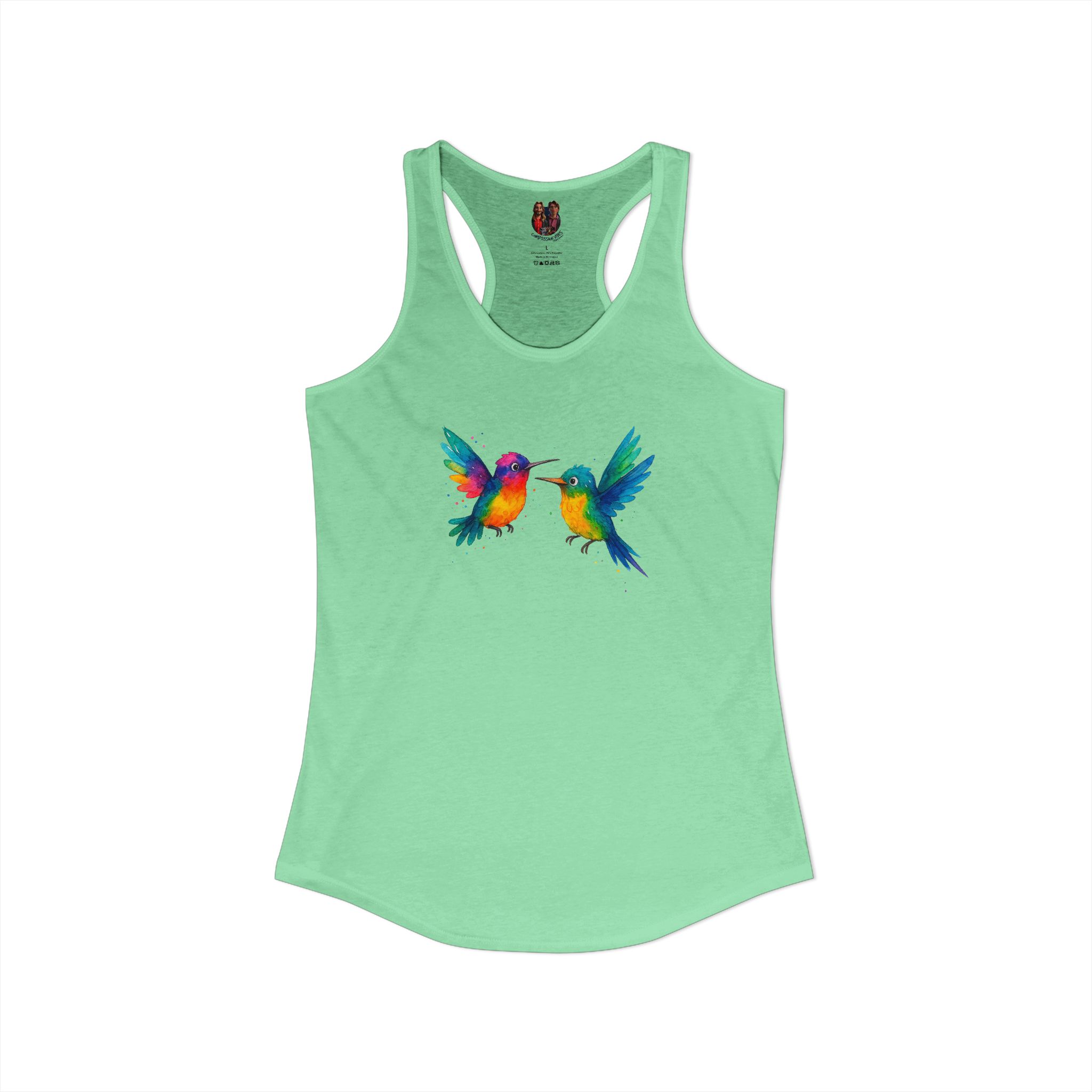 Mint green tank top featuring a colorful graphic of two hummingbirds in vibrant colors.