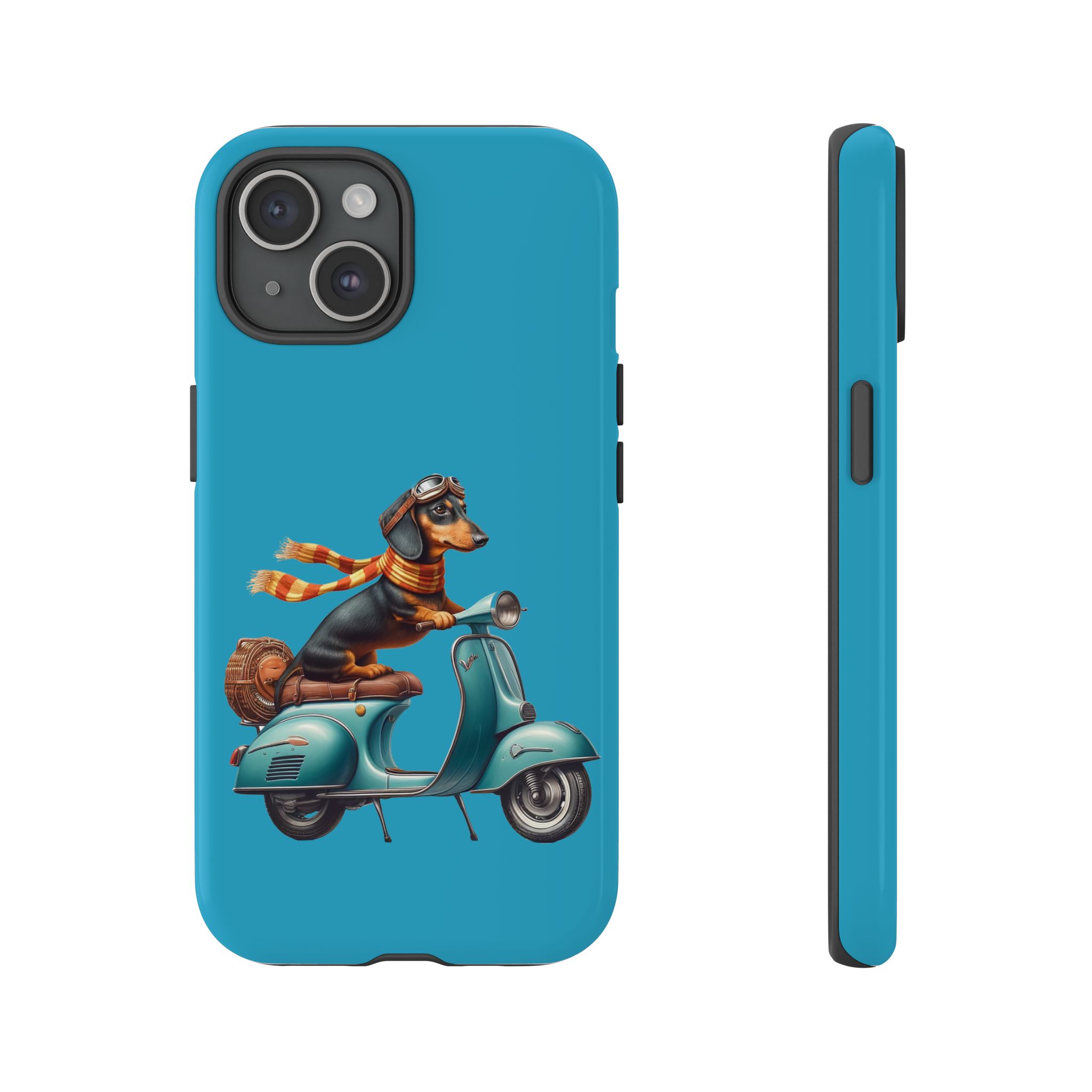 Dachshund wearing goggles and a scarf riding a blue scooter on a phone case.
