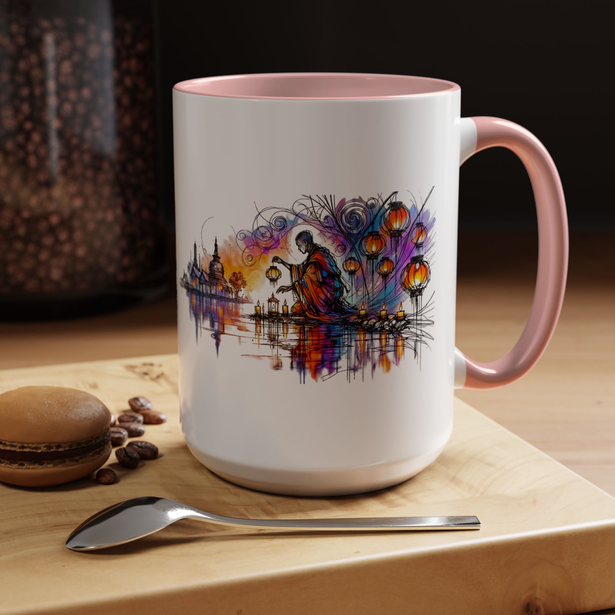 Artistic mug featuring a colorful design of a figure by a water body with lanterns and buildings in the background.