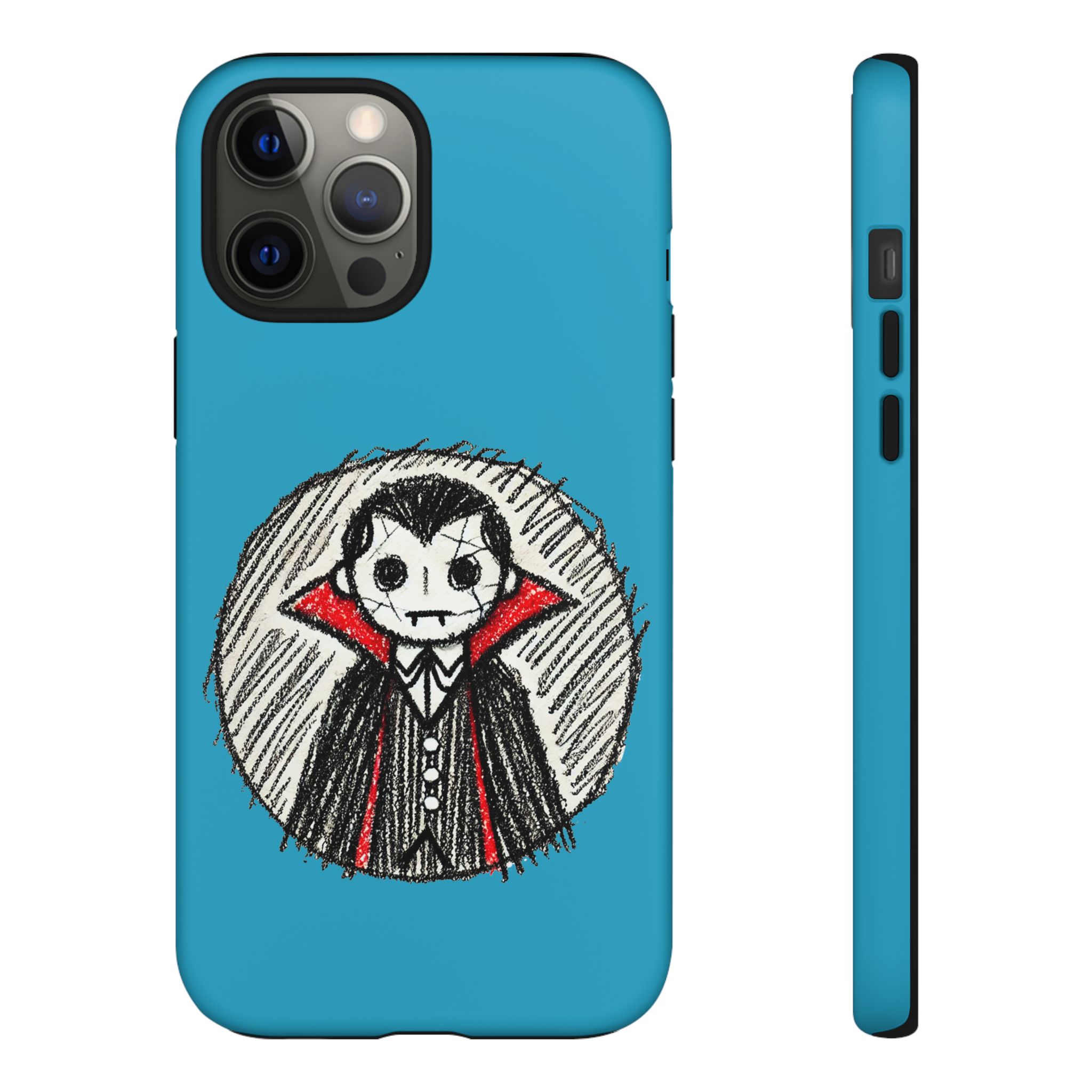 Cartoon-style Dracula illustration on a blue phone case with a simple design.