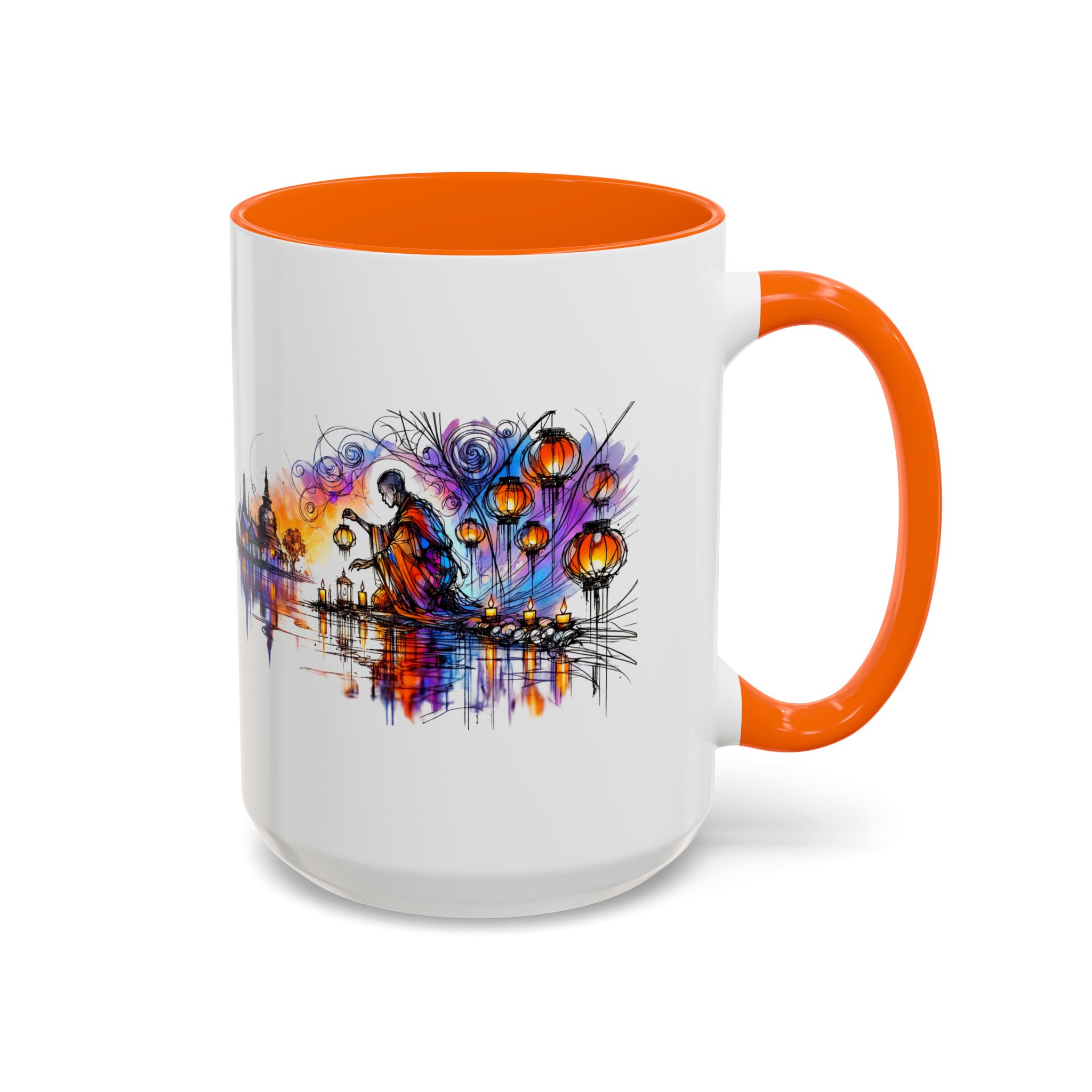 Mug featuring an artistic design with vibrant colors and lanterns on a white background.