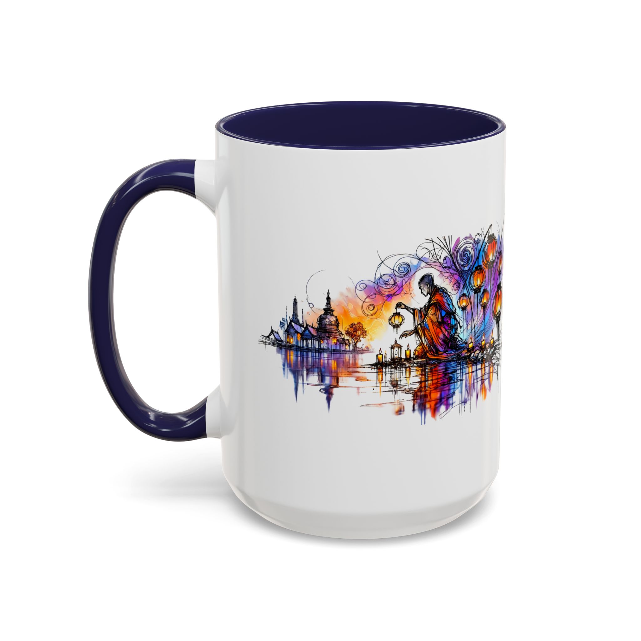 Artistic mug featuring a colorful design with a figure and abstract elements against a vibrant background.