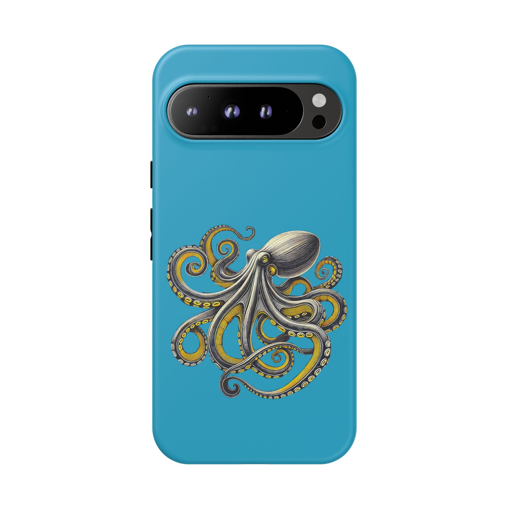 A phone case in turquoise featuring a detailed illustration of an octopus with colorful tentacles.