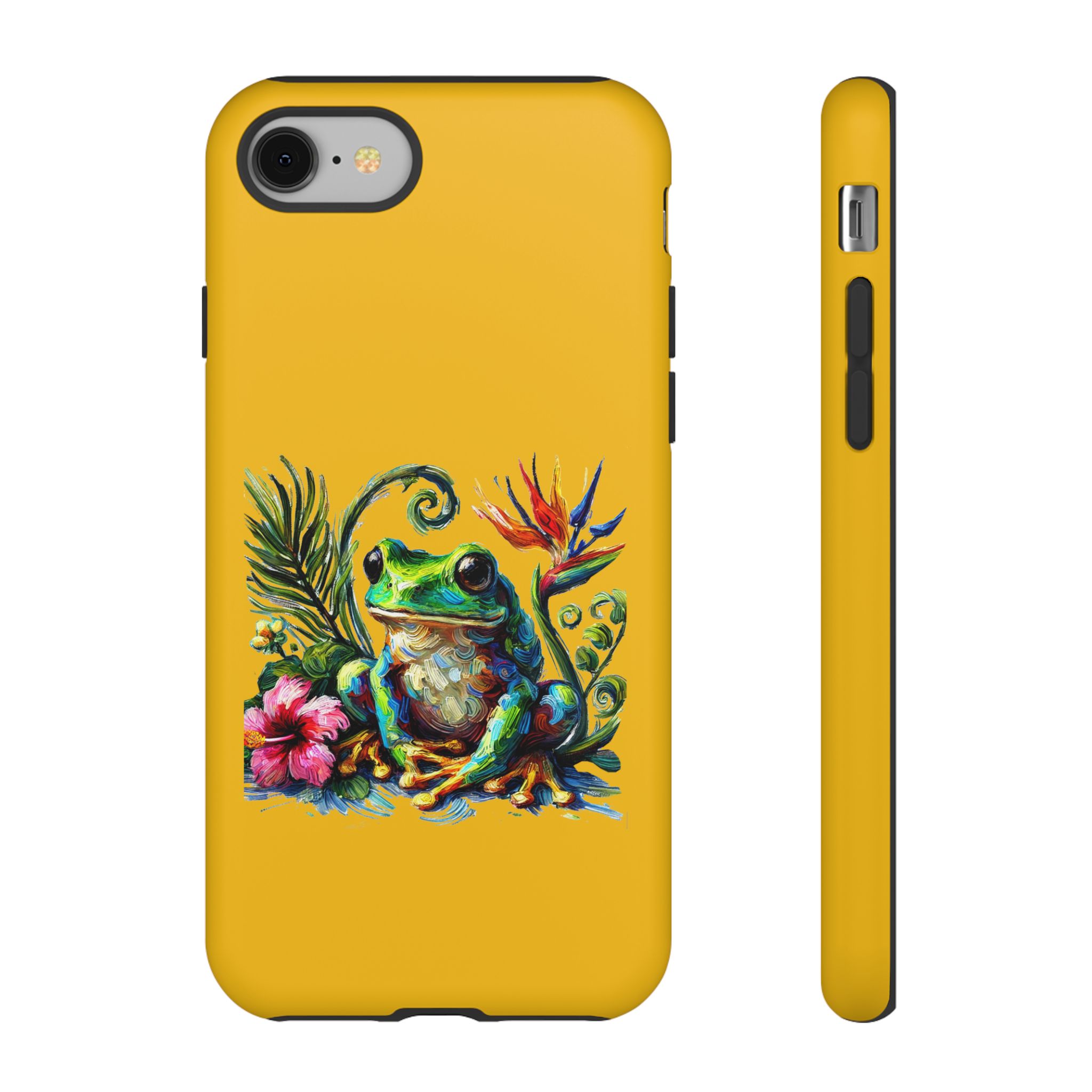 Phone case featuring a colorful frog design with flowers on a yellow background.