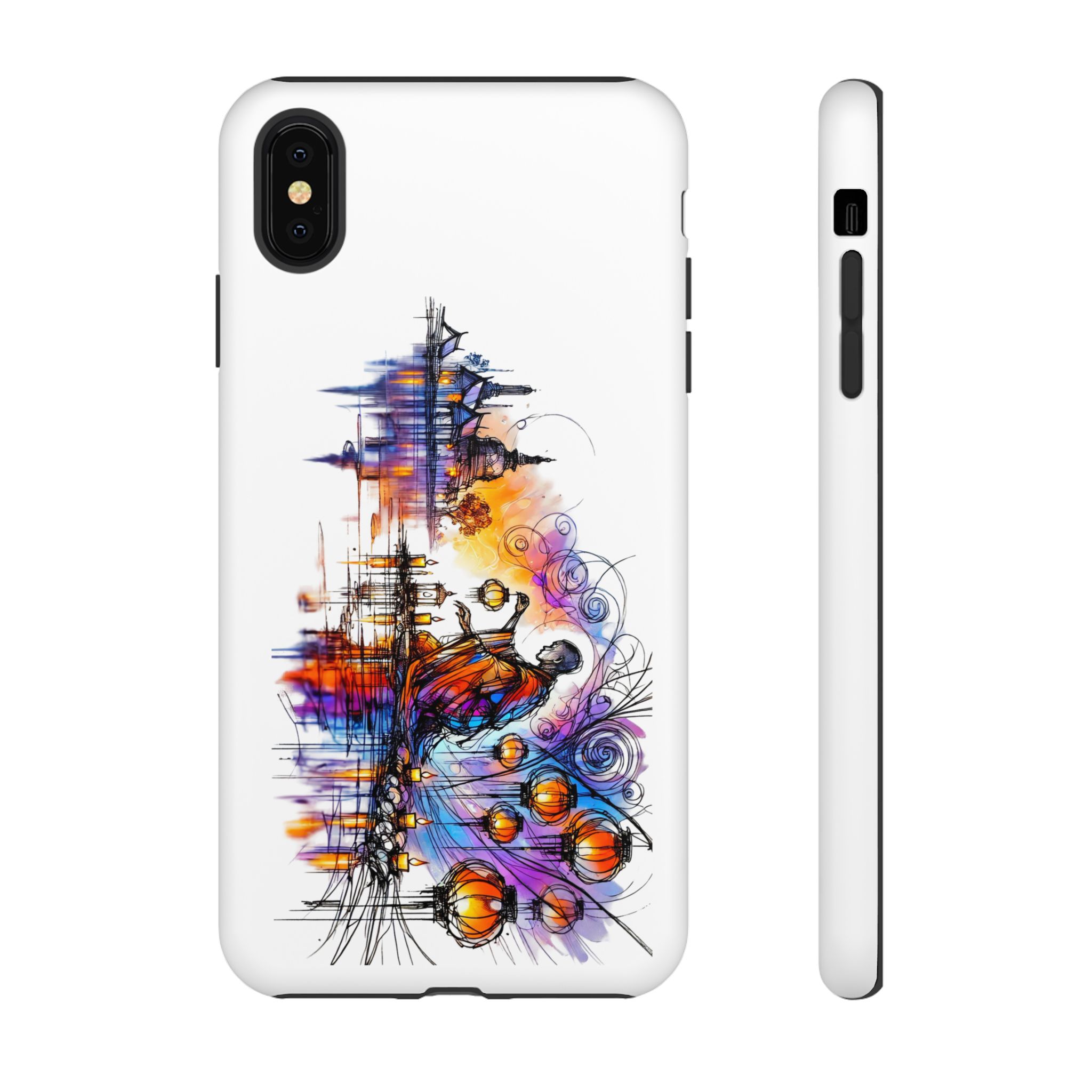Artistic phone case design featuring colorful abstract artwork with a figure and vibrant patterns.