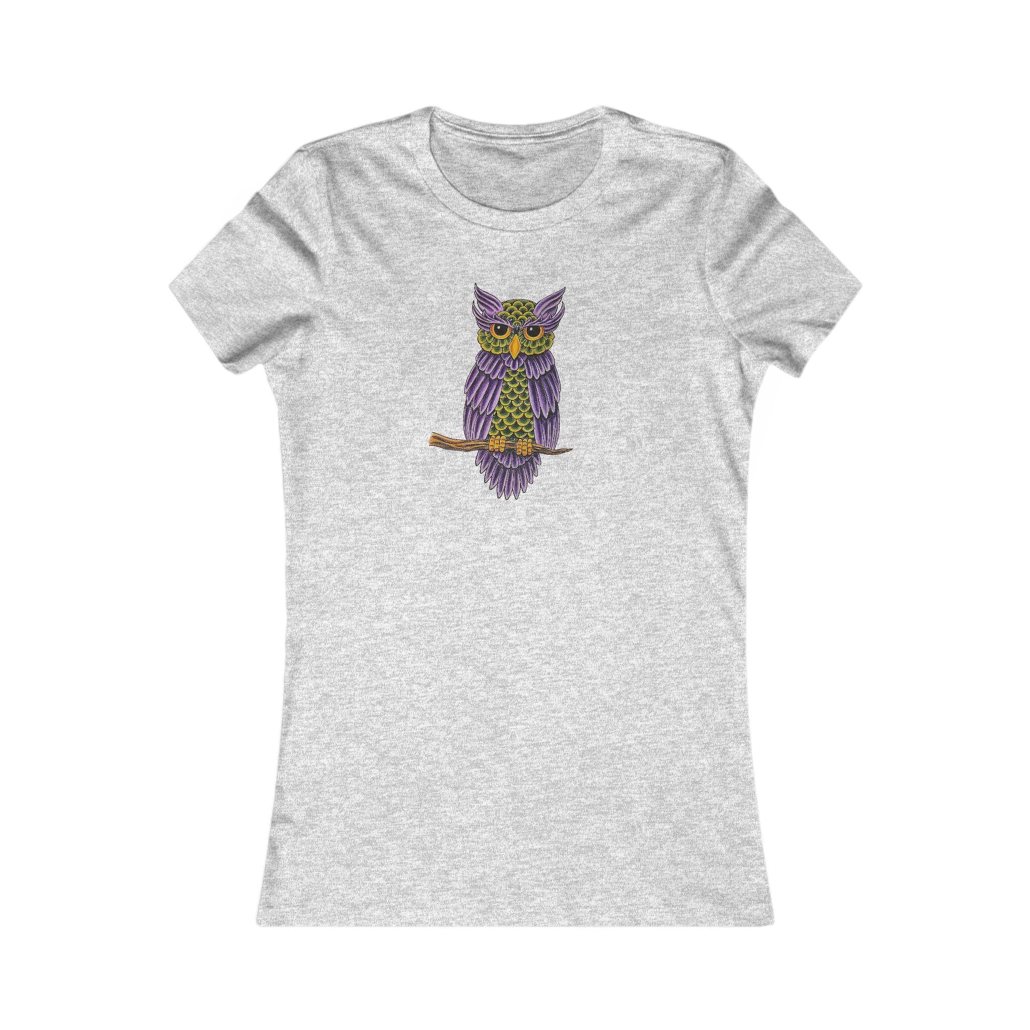 Gray t-shirt featuring a colorful owl design with intricate patterns and details.