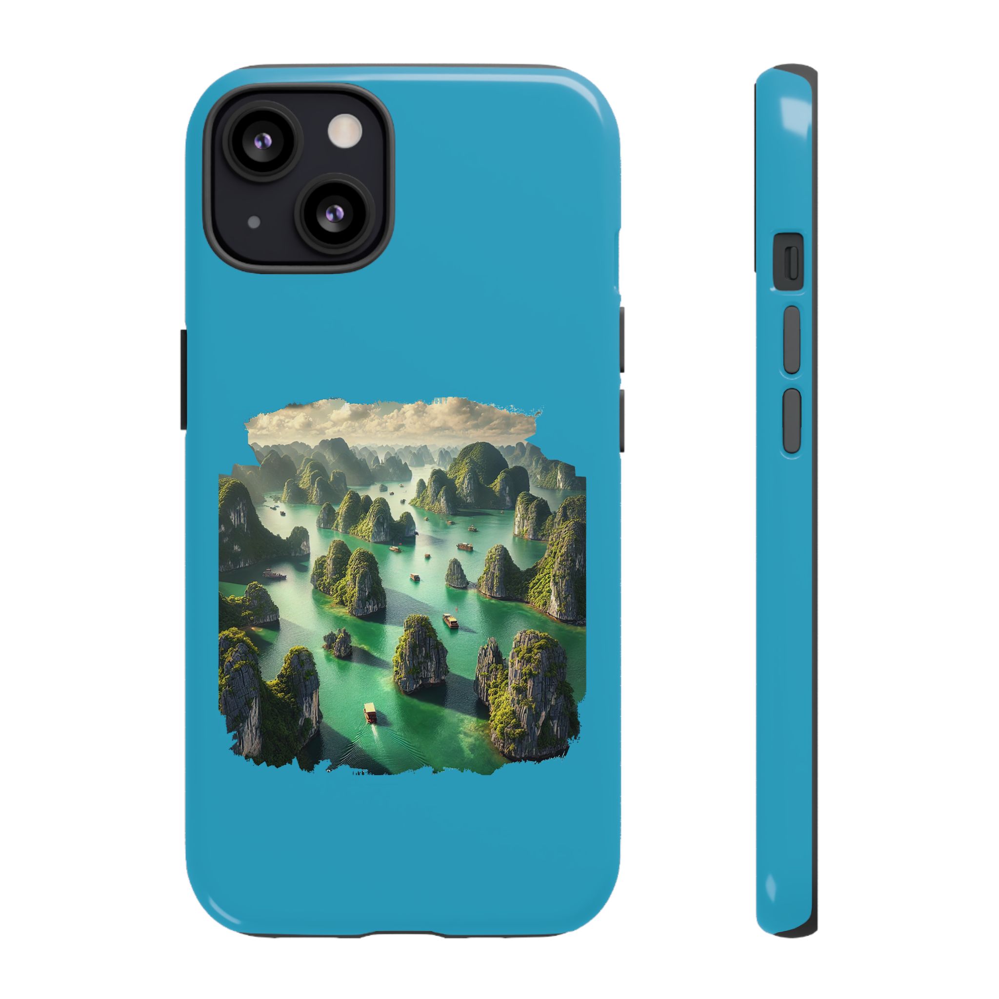 Phone case featuring a scenic landscape with islands and water in vibrant colors.