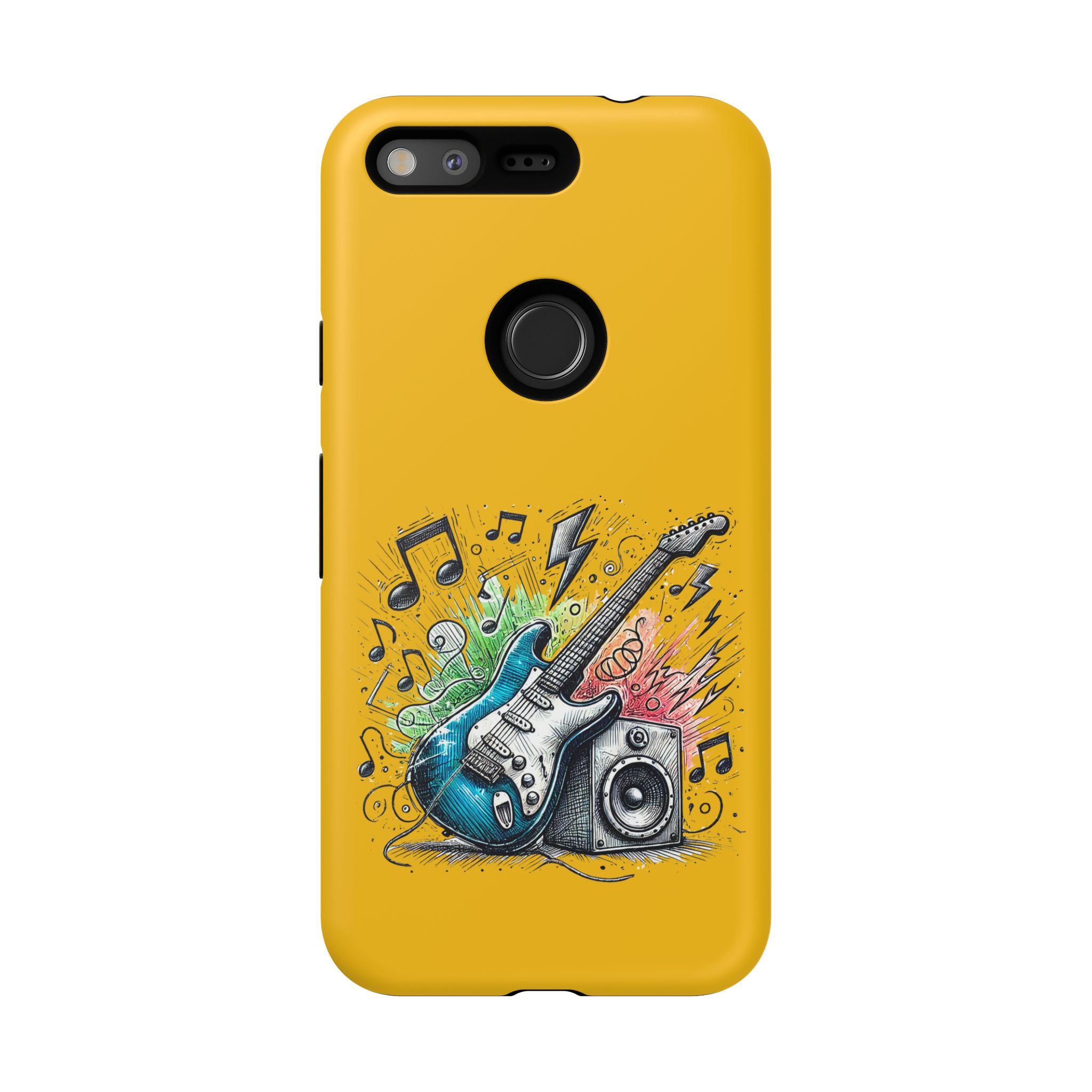 Yellow phone case design featuring a blue electric guitar and music notes with a speaker.