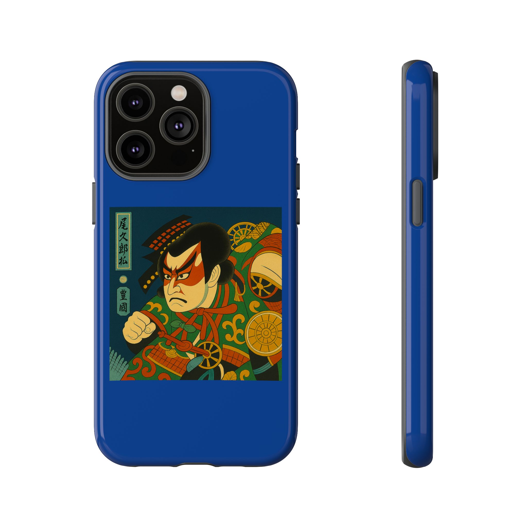 Blue phone case featuring traditional Japanese artwork of a samurai with bold colors and intricate designs.