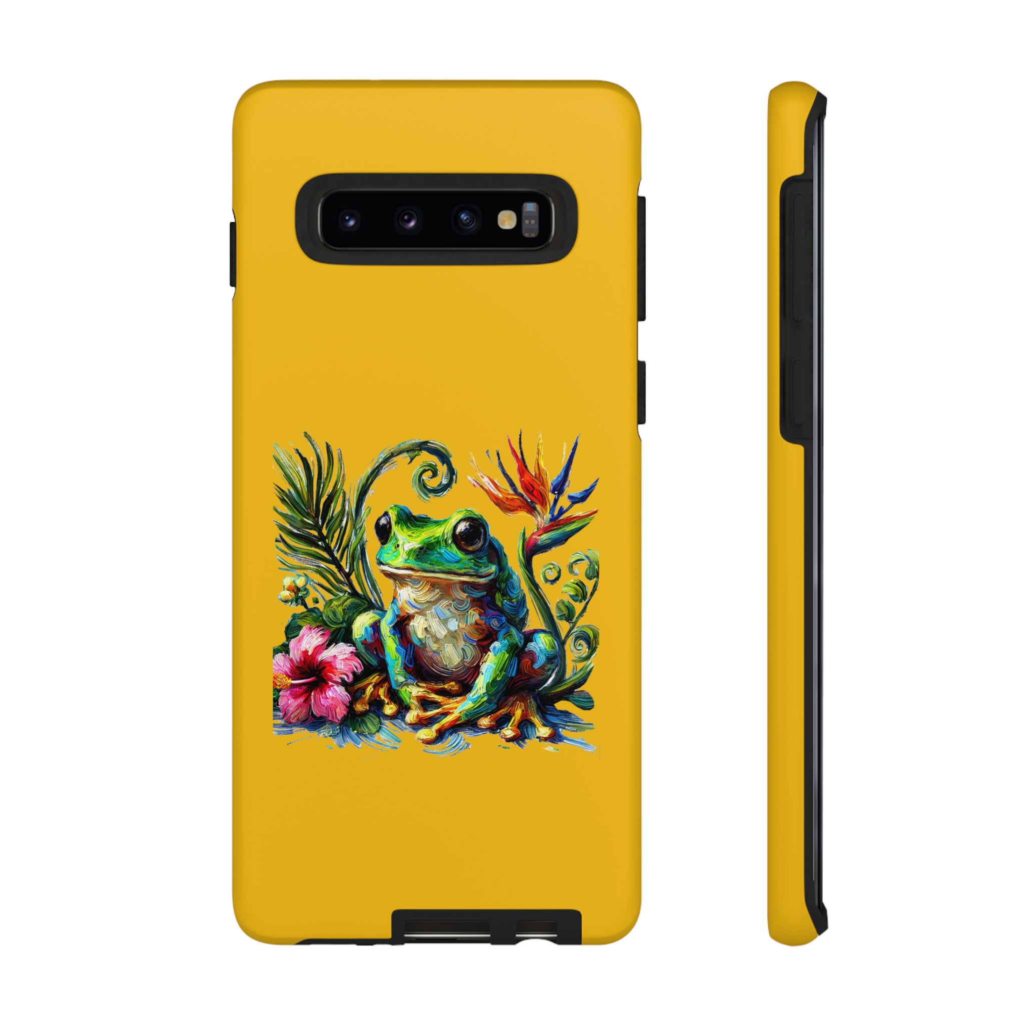 Vibrant phone case featuring a green frog surrounded by tropical flowers and foliage on a yellow background.