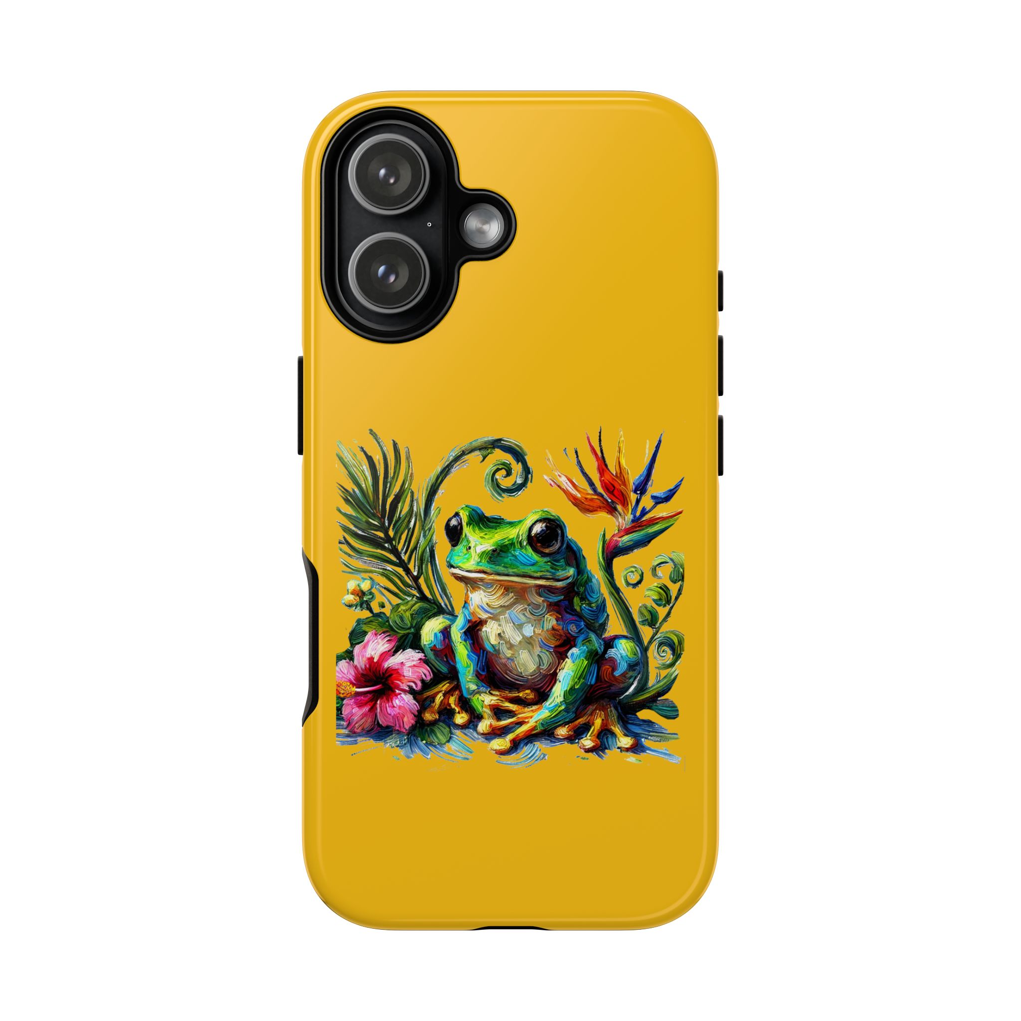 A vibrant phone case featuring a colorful frog design with tropical flowers and leaves.