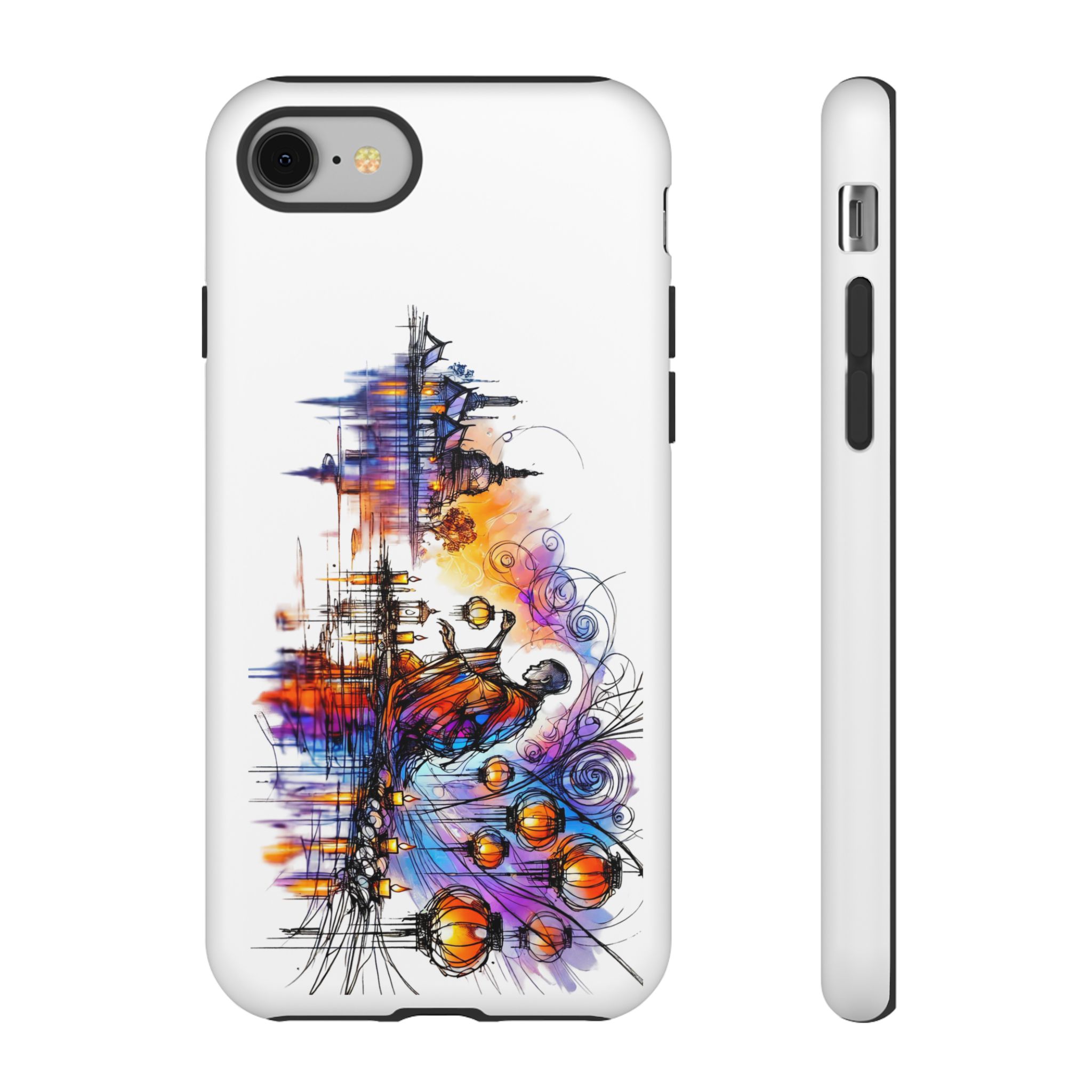 Colorful artistic design on a phone case featuring abstract elements and a figure.