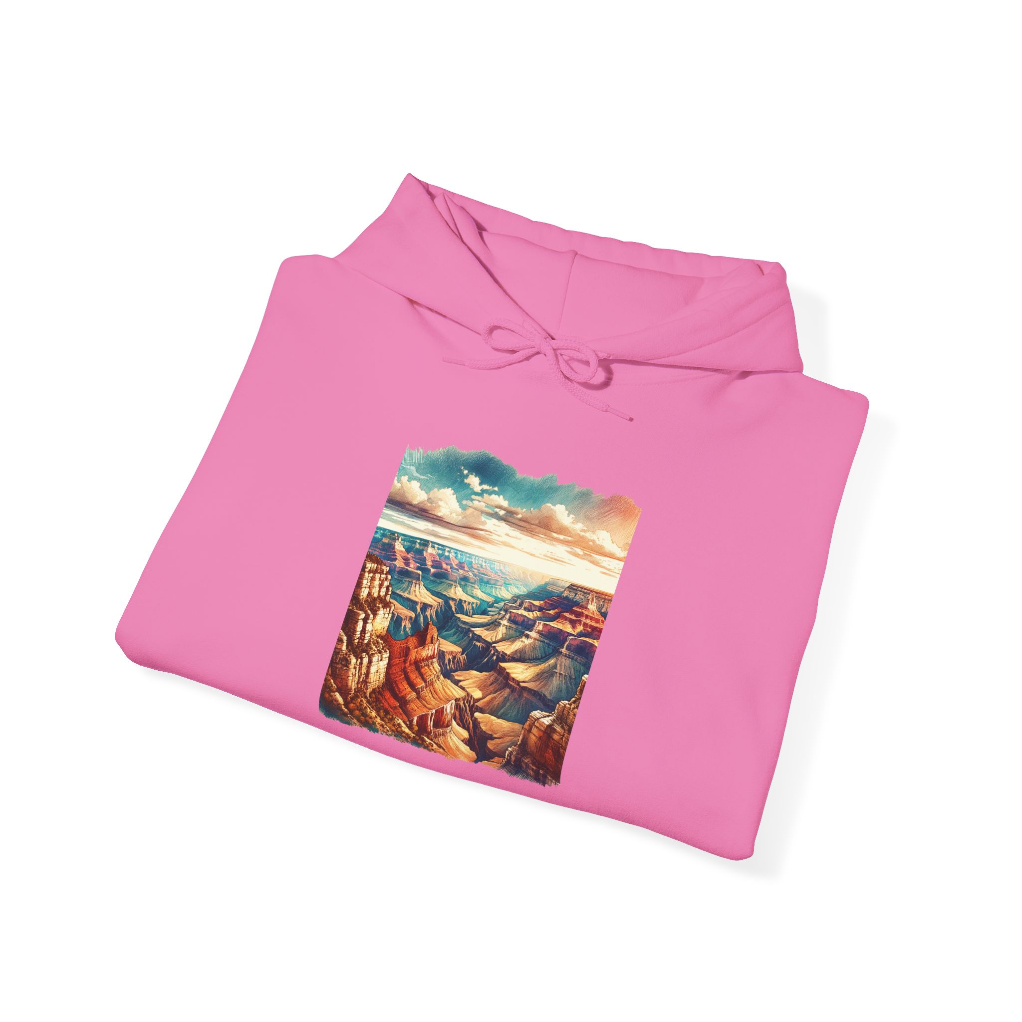 Pink hoodie featuring a graphic of the Grand Canyon landscape on the front.
