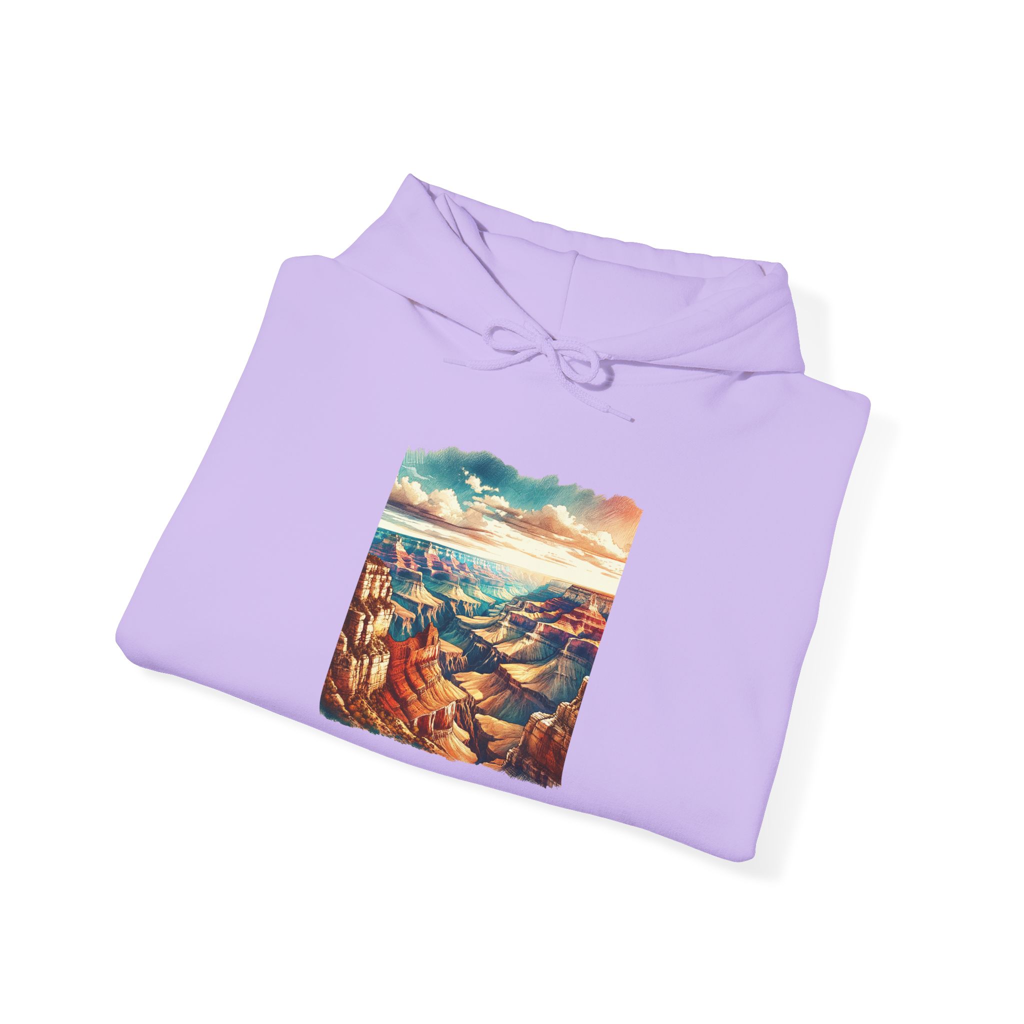 Lavender hoodie featuring a colorful illustration of the Grand Canyon landscape on the front.