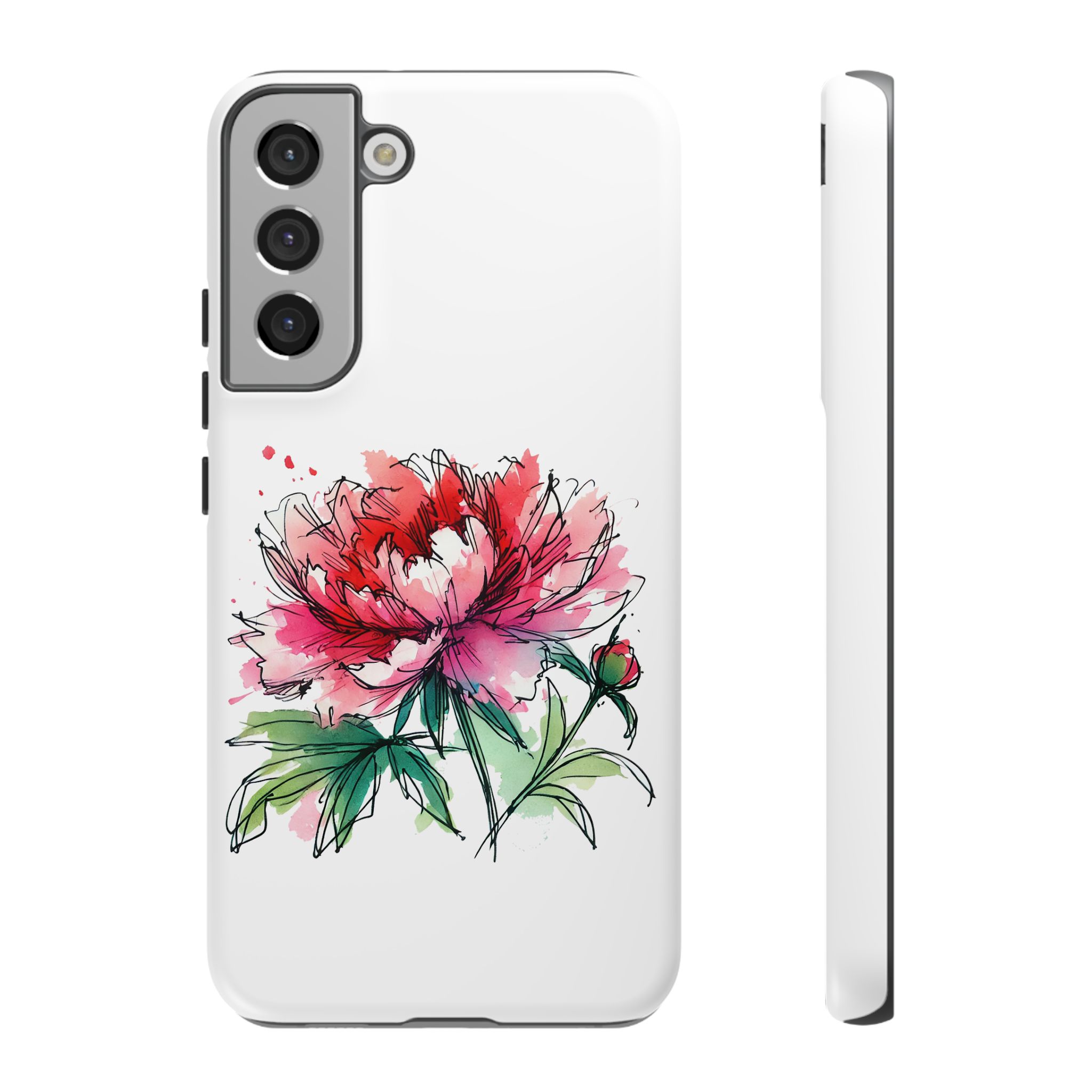 Phone case featuring a watercolor illustration of a peony flower in pink and white tones.