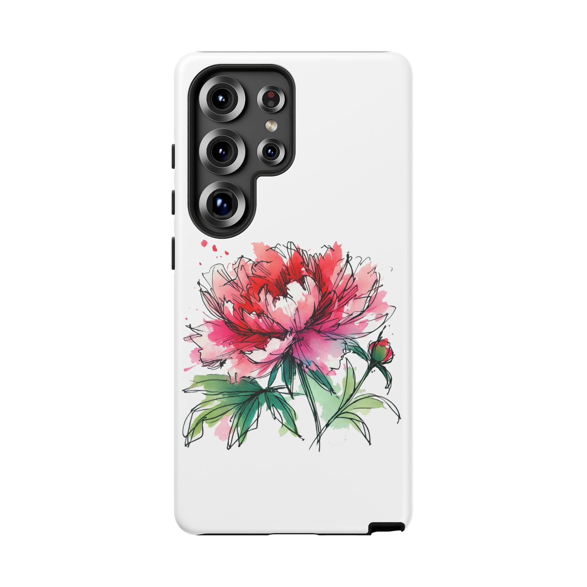 Phone case featuring a colorful illustration of a peony flower with green leaves.