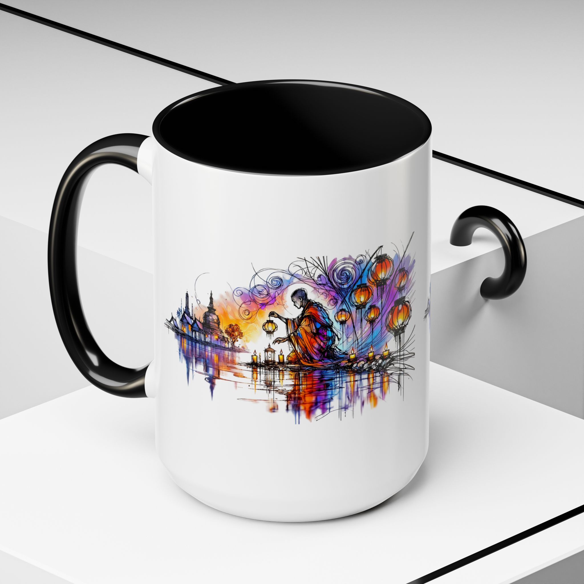 White coffee mug with a colorful artistic design featuring a figure and lanterns.