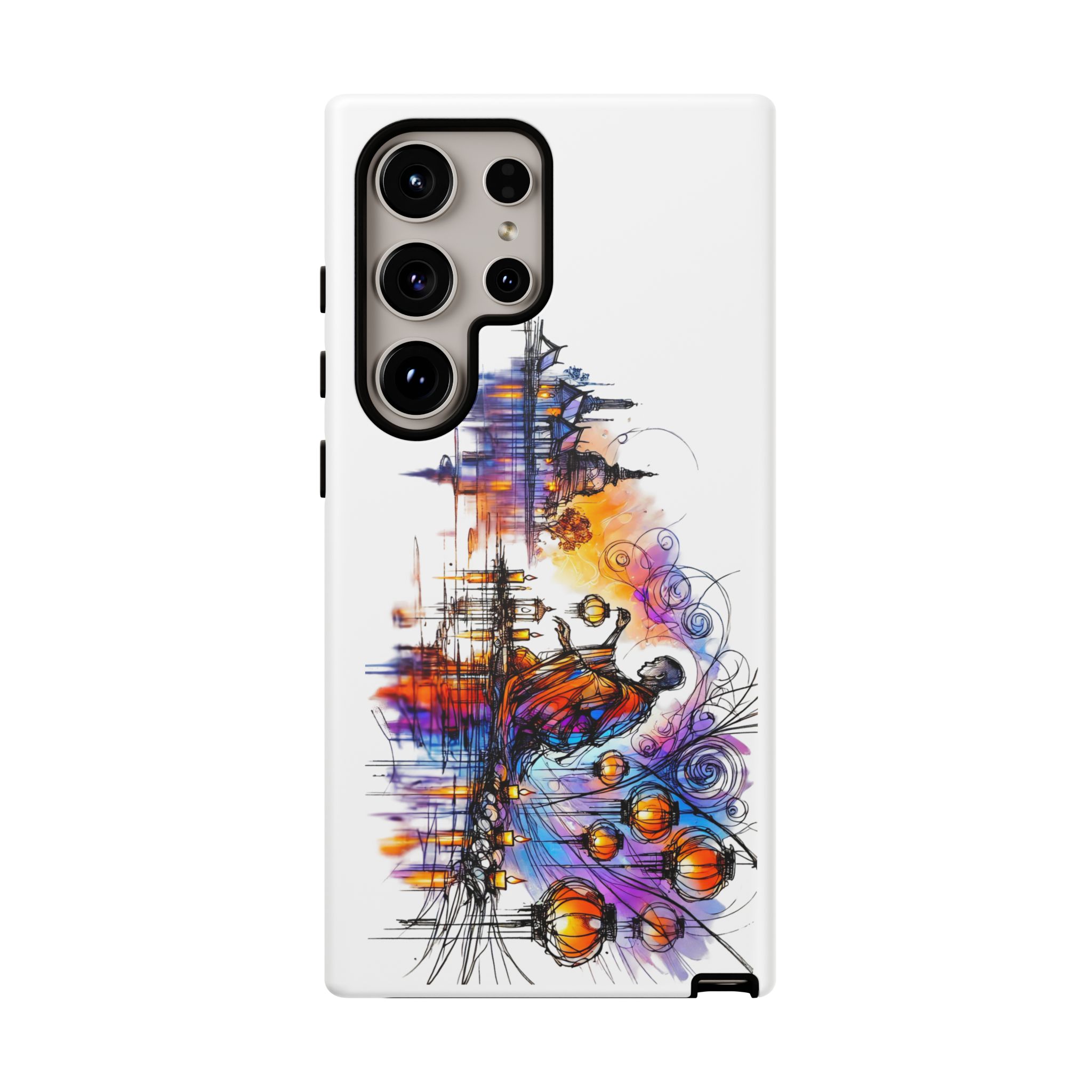 Artistic phone case design featuring colorful abstract elements and a figure in a dynamic pose.