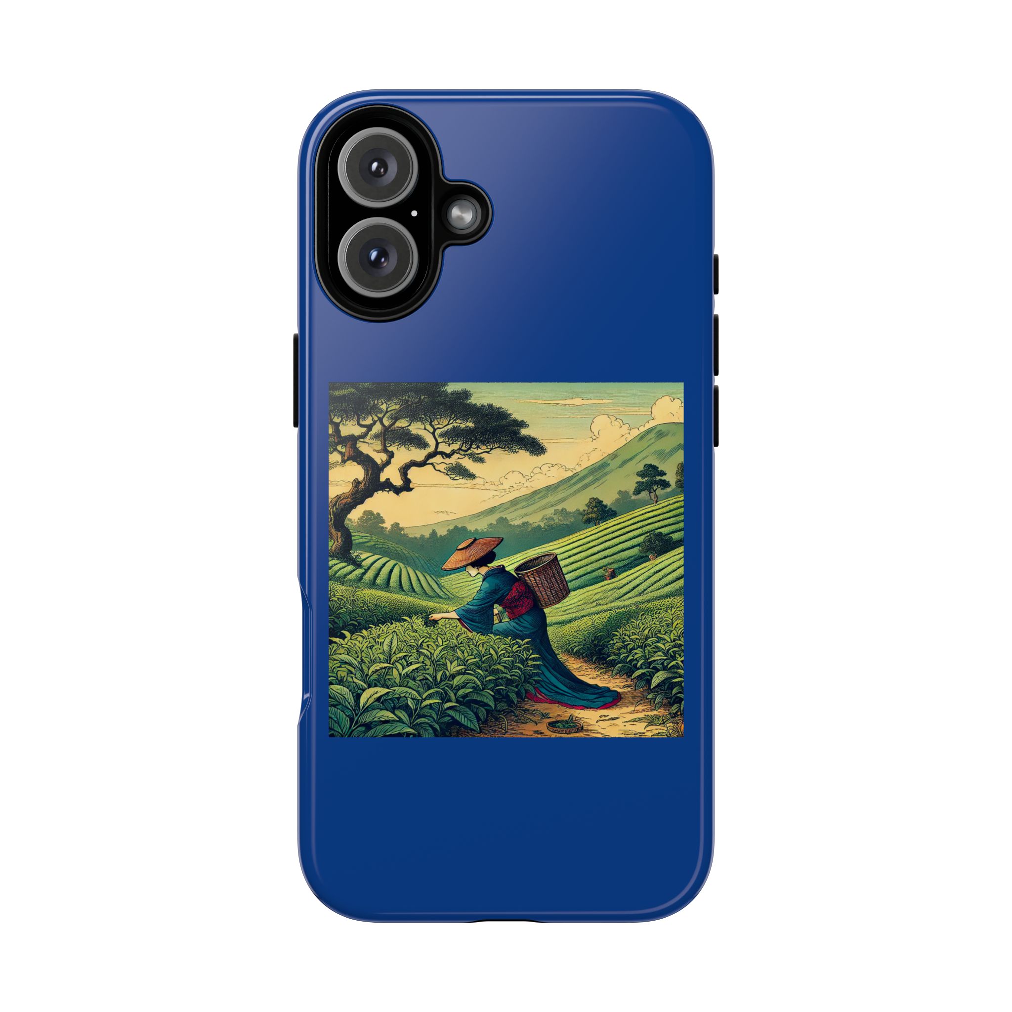 Blue phone case featuring artwork of a person working in a tea plantation.