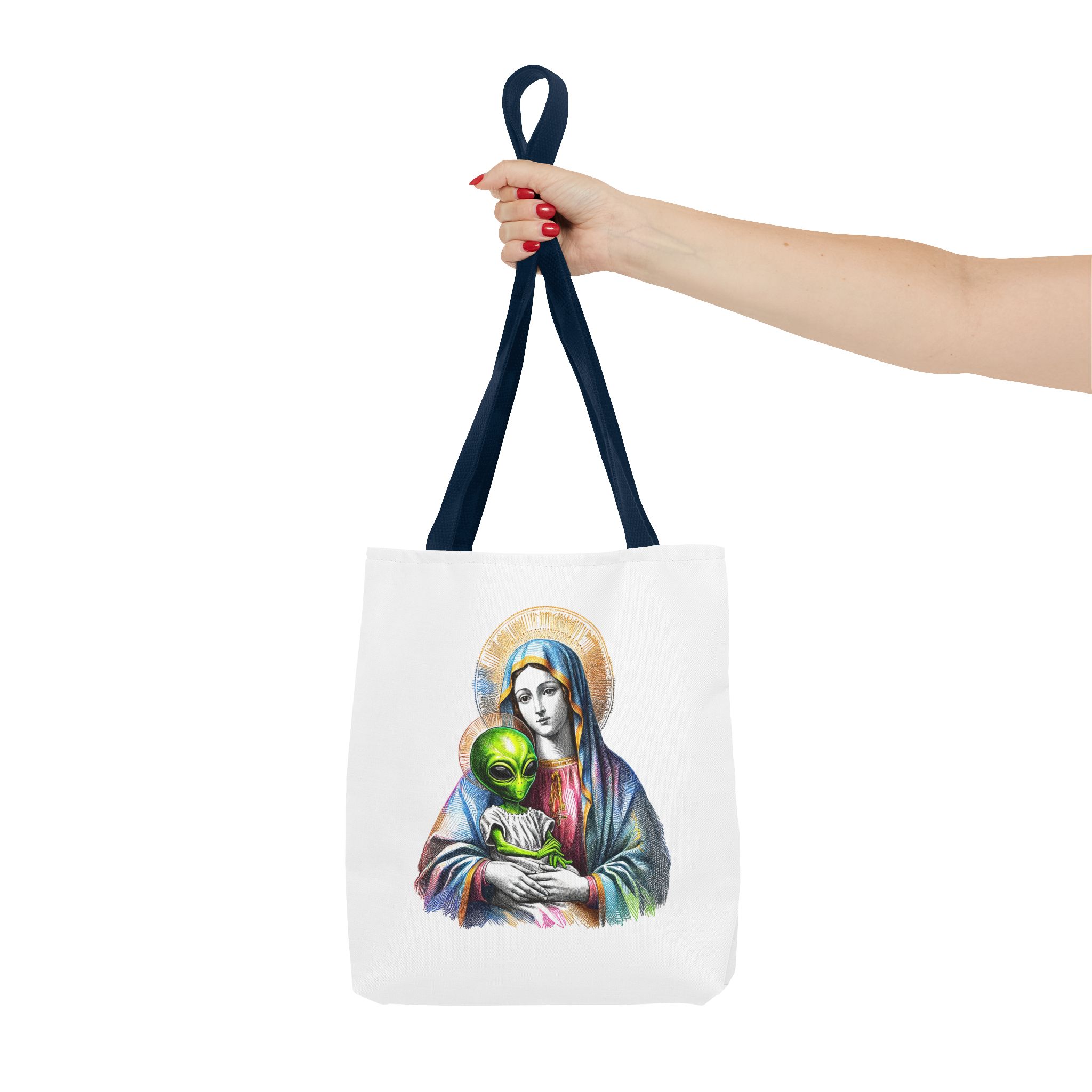 Satiric cute tote bag Boho shoulder bag Alien virgin mary retro shoulder bag fun gift religious design purse unique handbag – Image 26