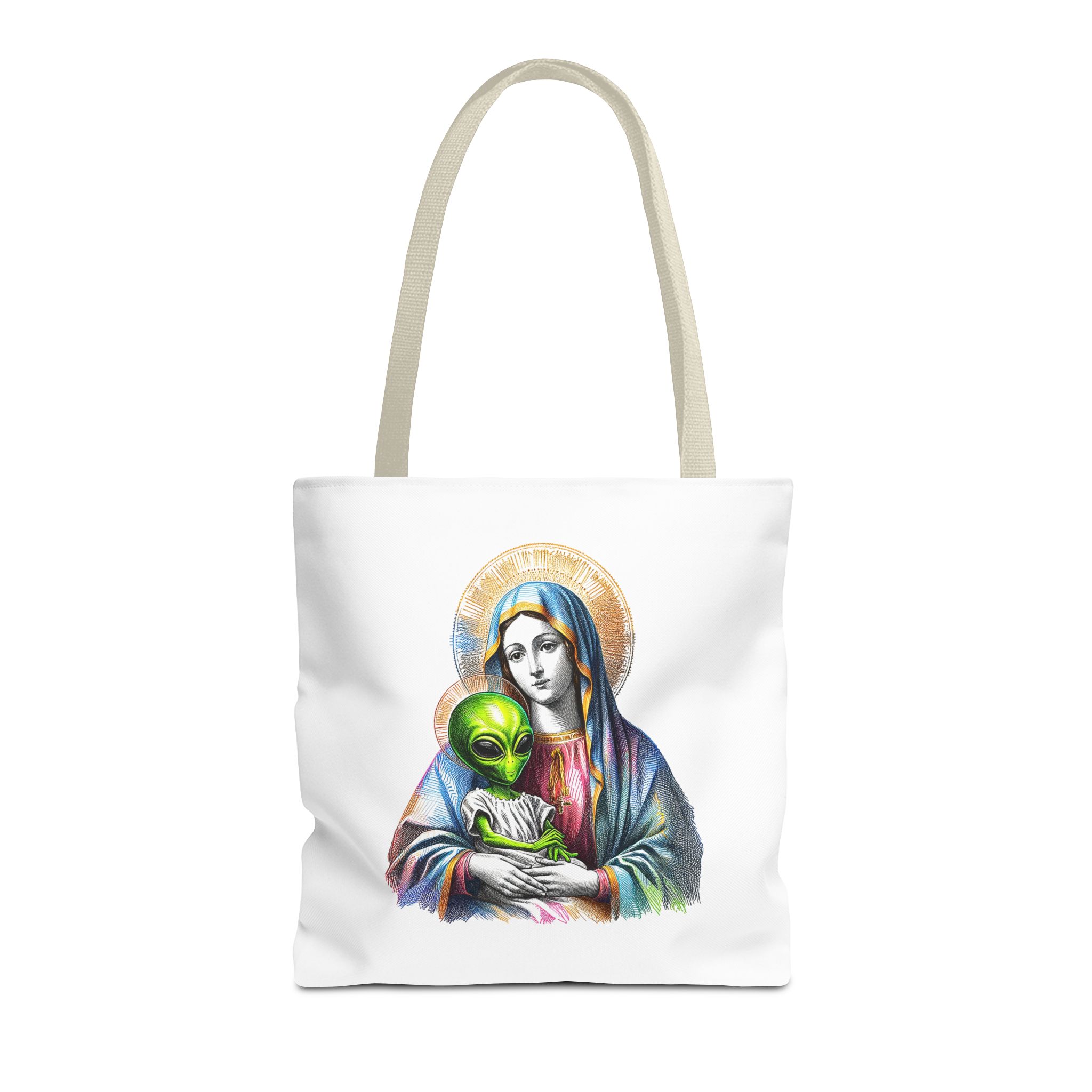 Satiric cute tote bag Boho shoulder bag Alien virgin mary retro shoulder bag fun gift religious design purse unique handbag – Image 21