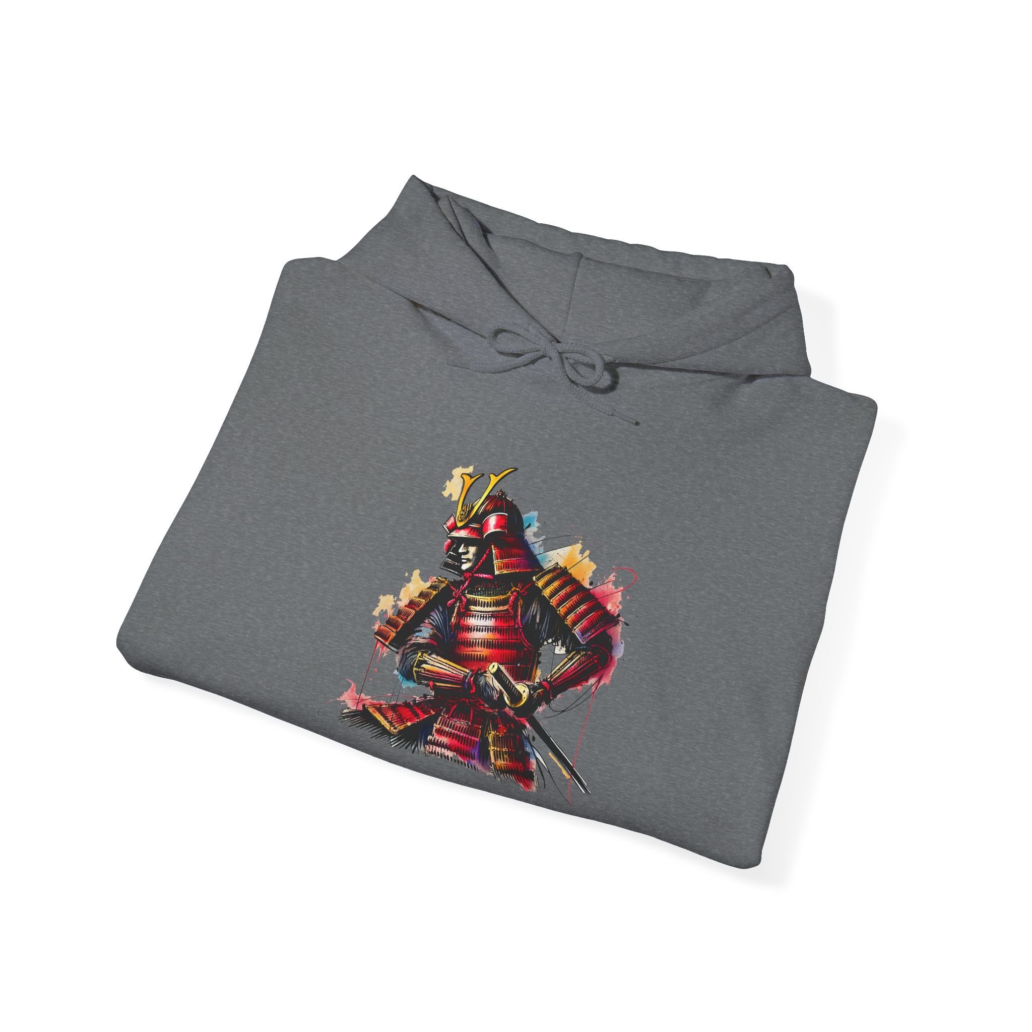 Gray hoodie featuring a colorful samurai graphic design on the front.