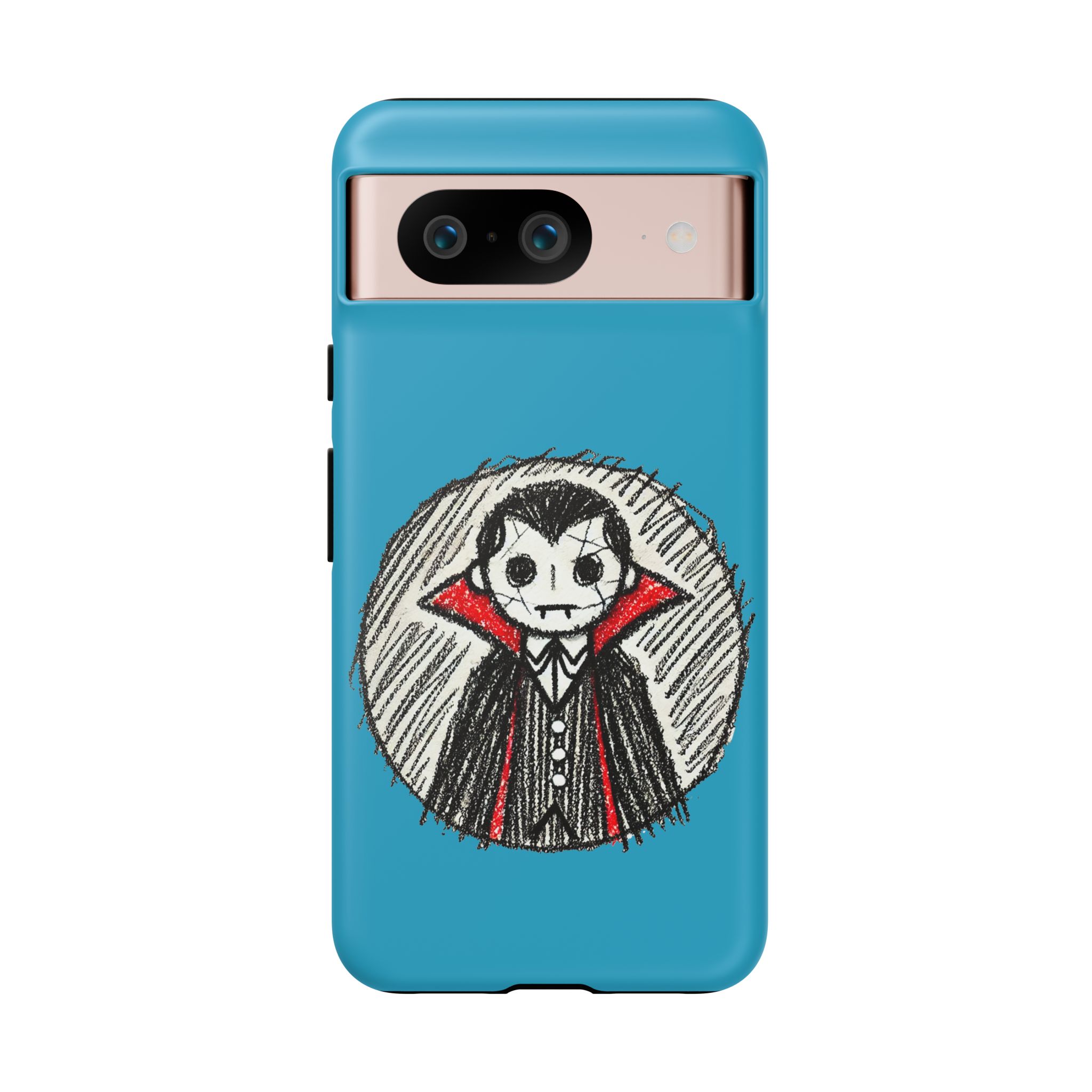 Cartoon illustration of a Dracula character on a blue phone case.