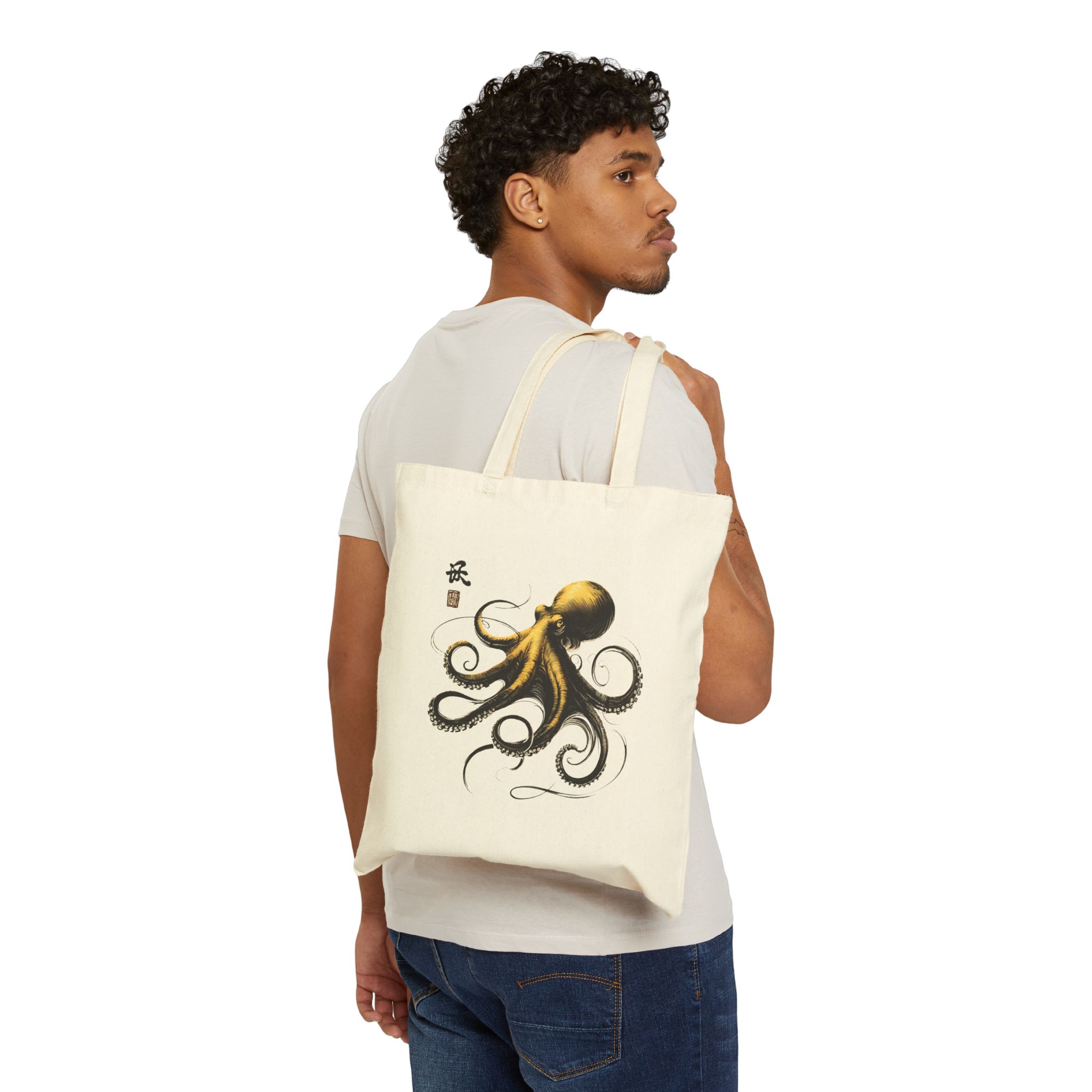 Octopus Canvas tote bag Calligraphy cute tote bag vintage bag gift for her Cool Japanese design ethical shoulder bag japan print - Image 2