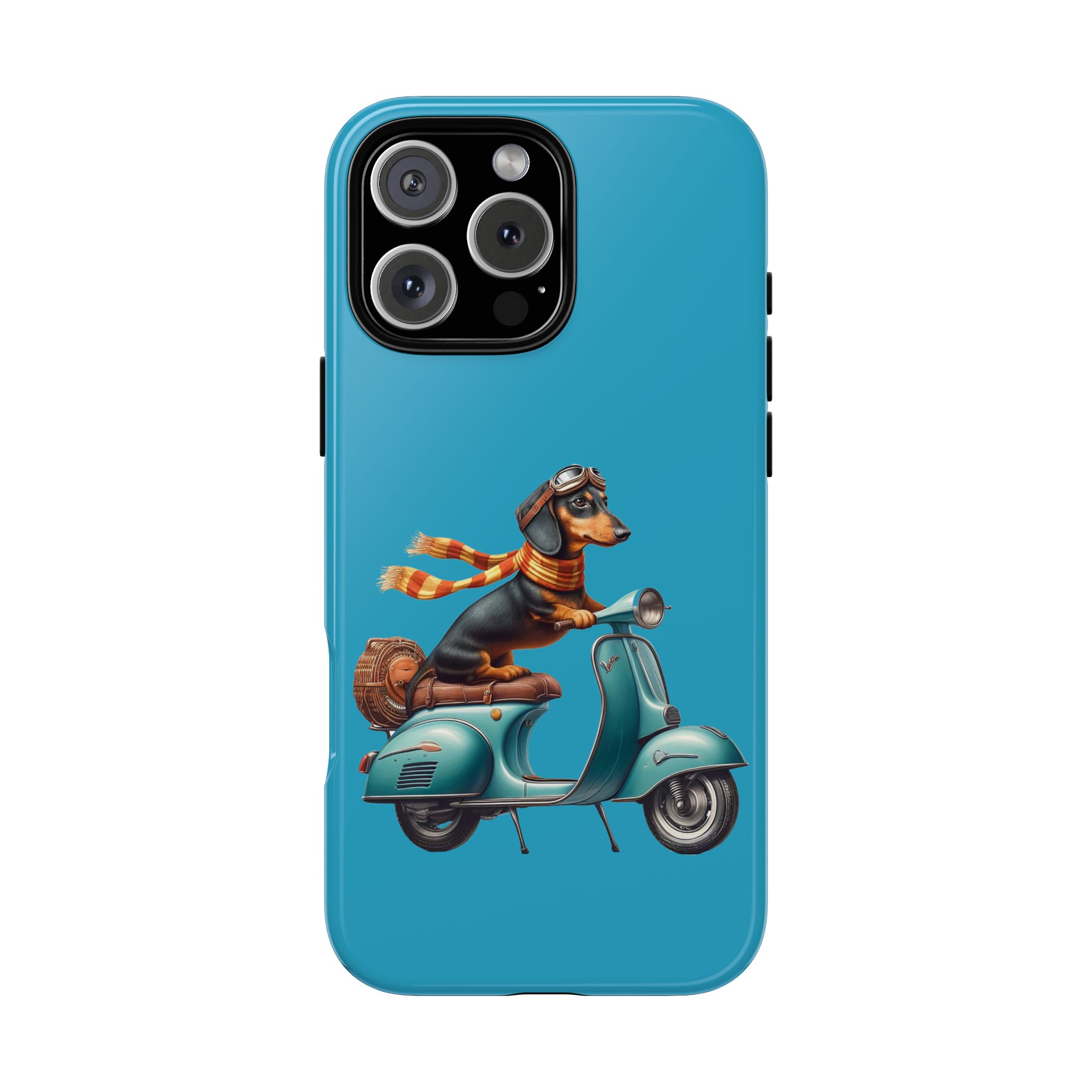 Dachshund wearing goggles and a scarf riding a vintage scooter on a blue background.
