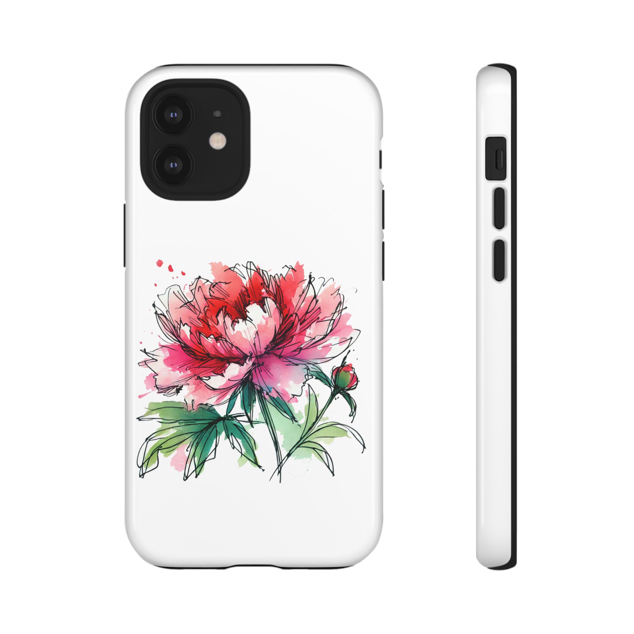 Phone case featuring a colorful peony flower illustration on a white background.