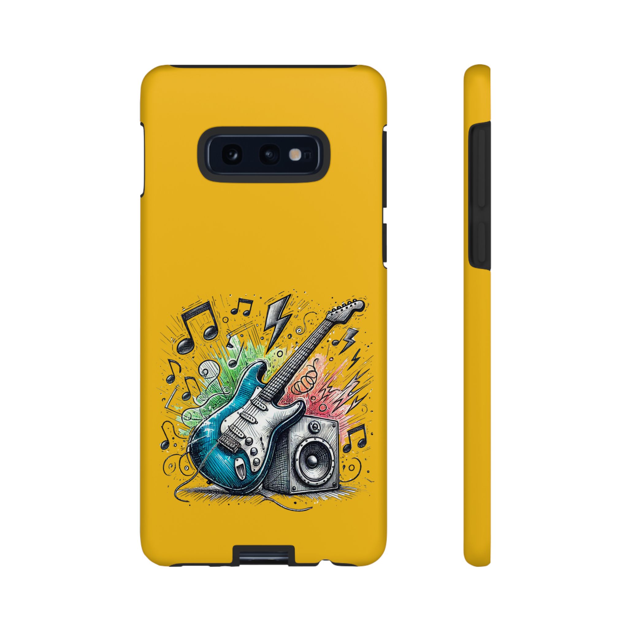 Phone case design featuring a blue electric guitar and a speaker with musical notes on a yellow background.