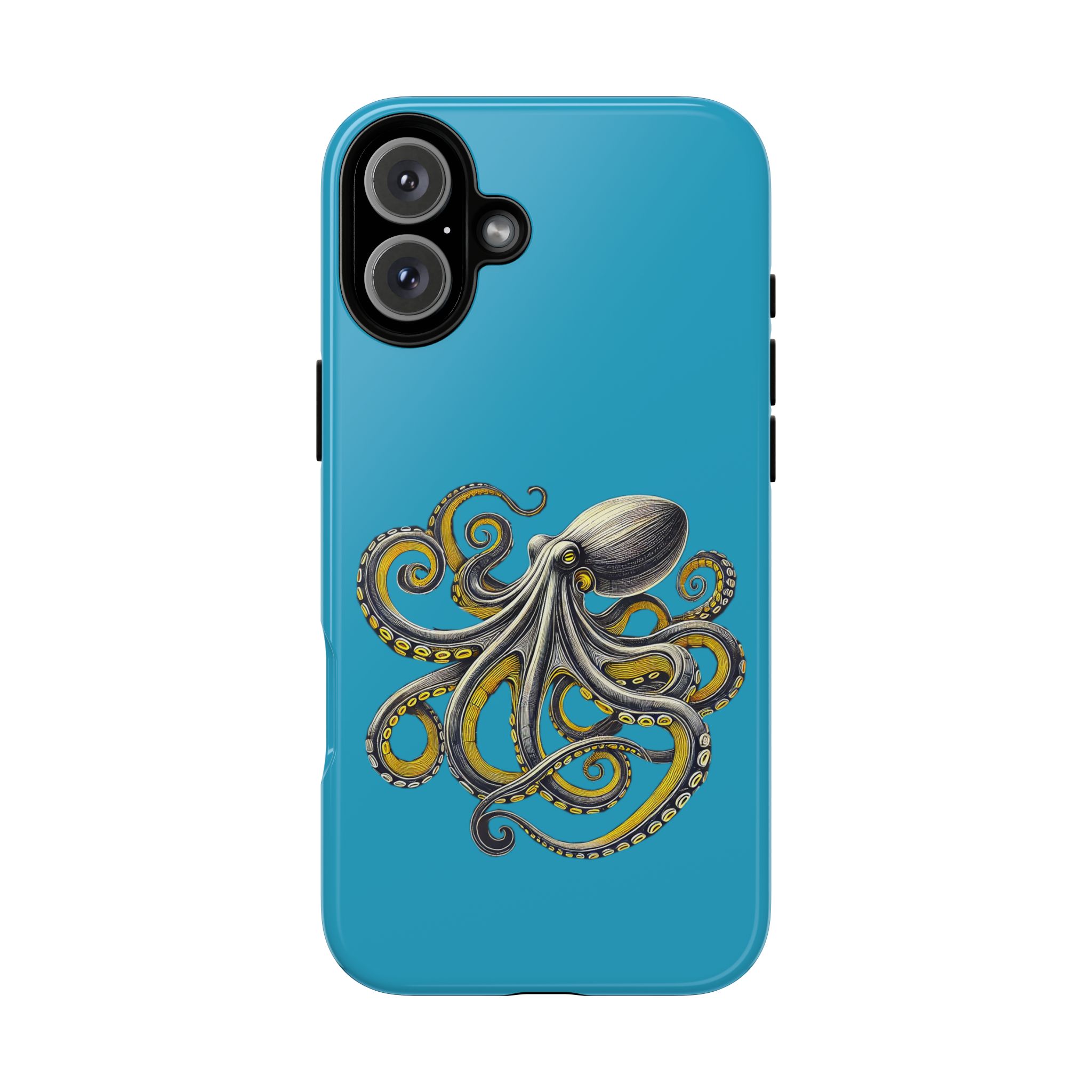 Illustration of an octopus on a blue phone case with intricate details.