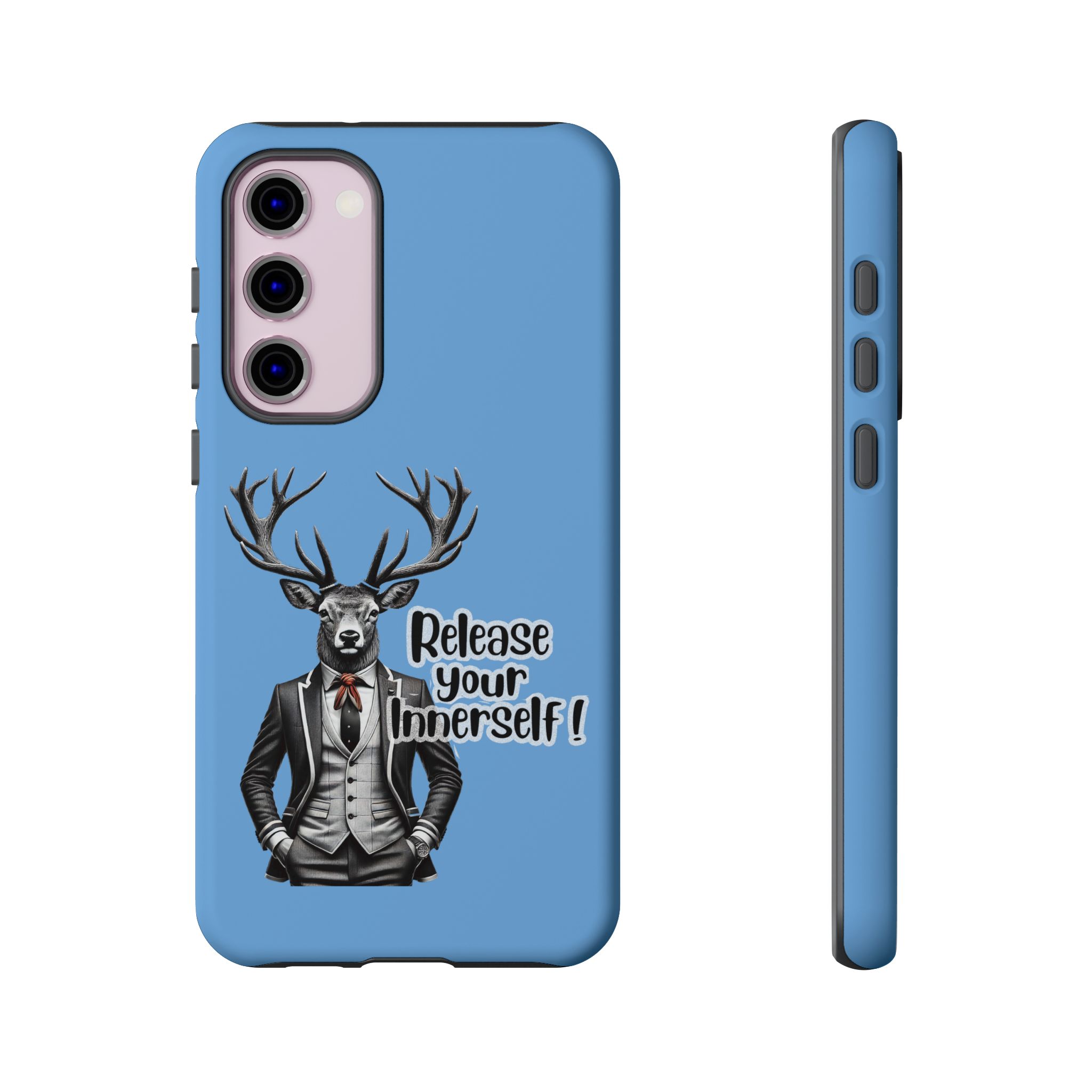 Blue phone case featuring a deer in a tuxedo with the text 'Release your innerself'.
