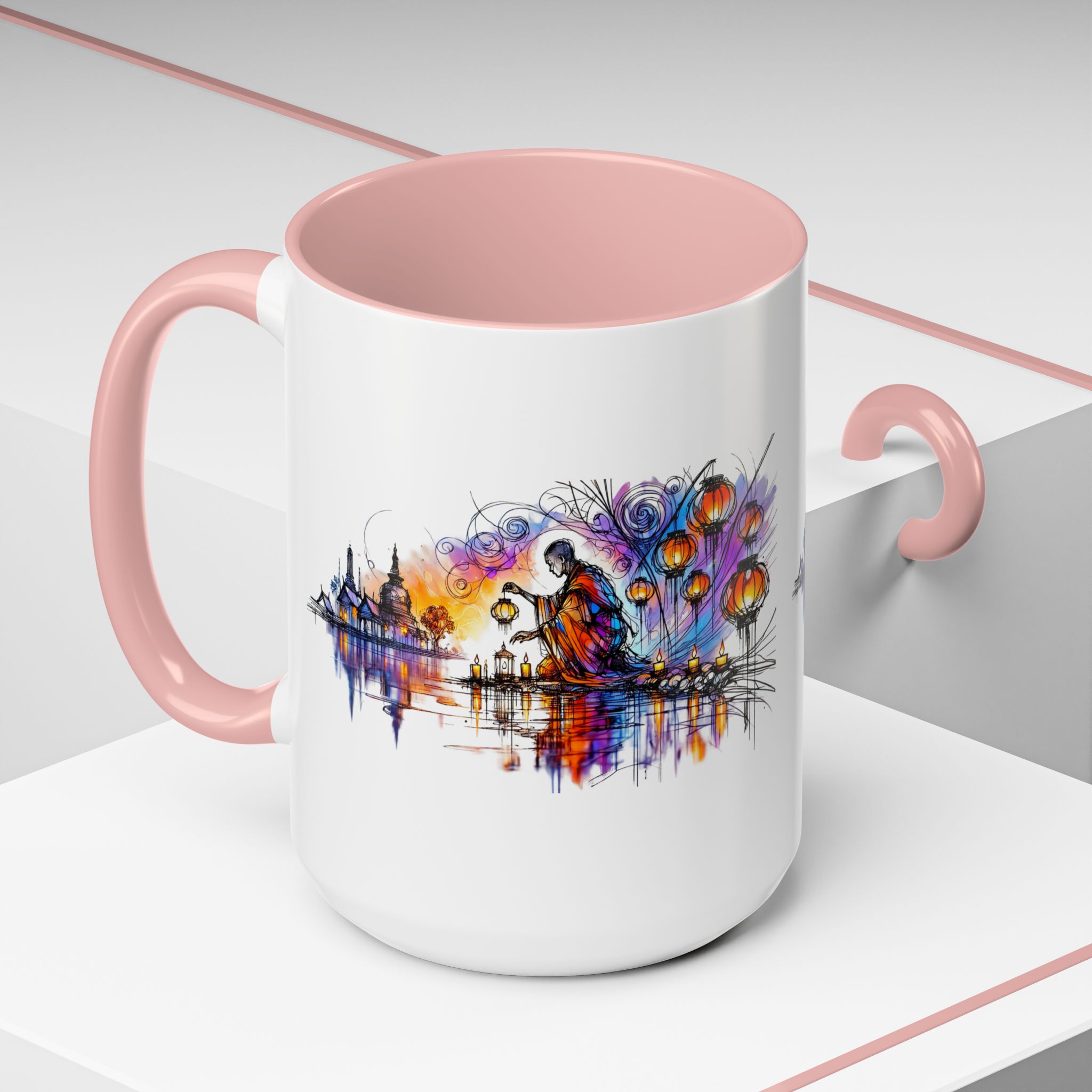 White mug with a pink handle featuring an artistic design of a figure and colorful lanterns.