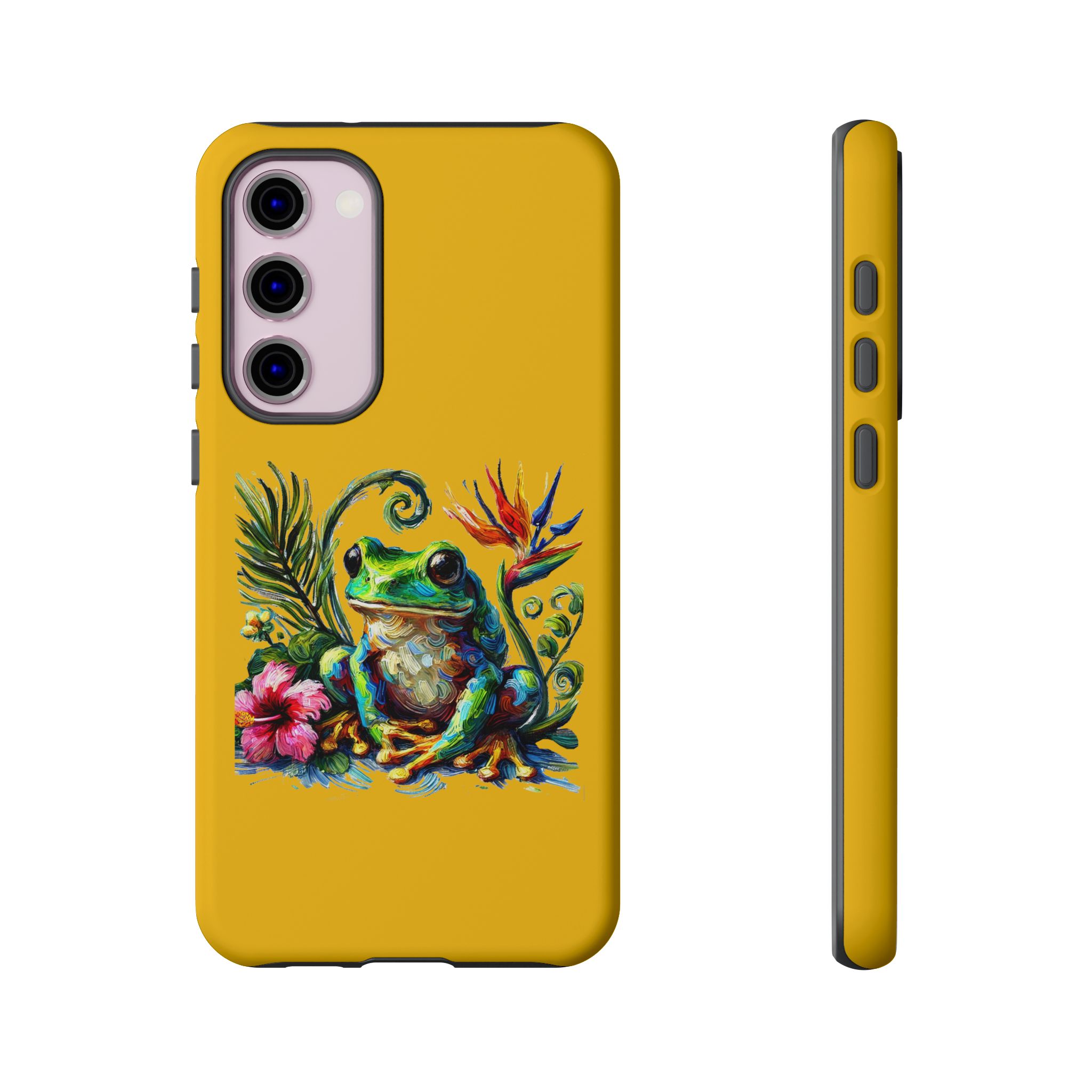Yellow phone case featuring a colorful frog design surrounded by tropical flowers and leaves.