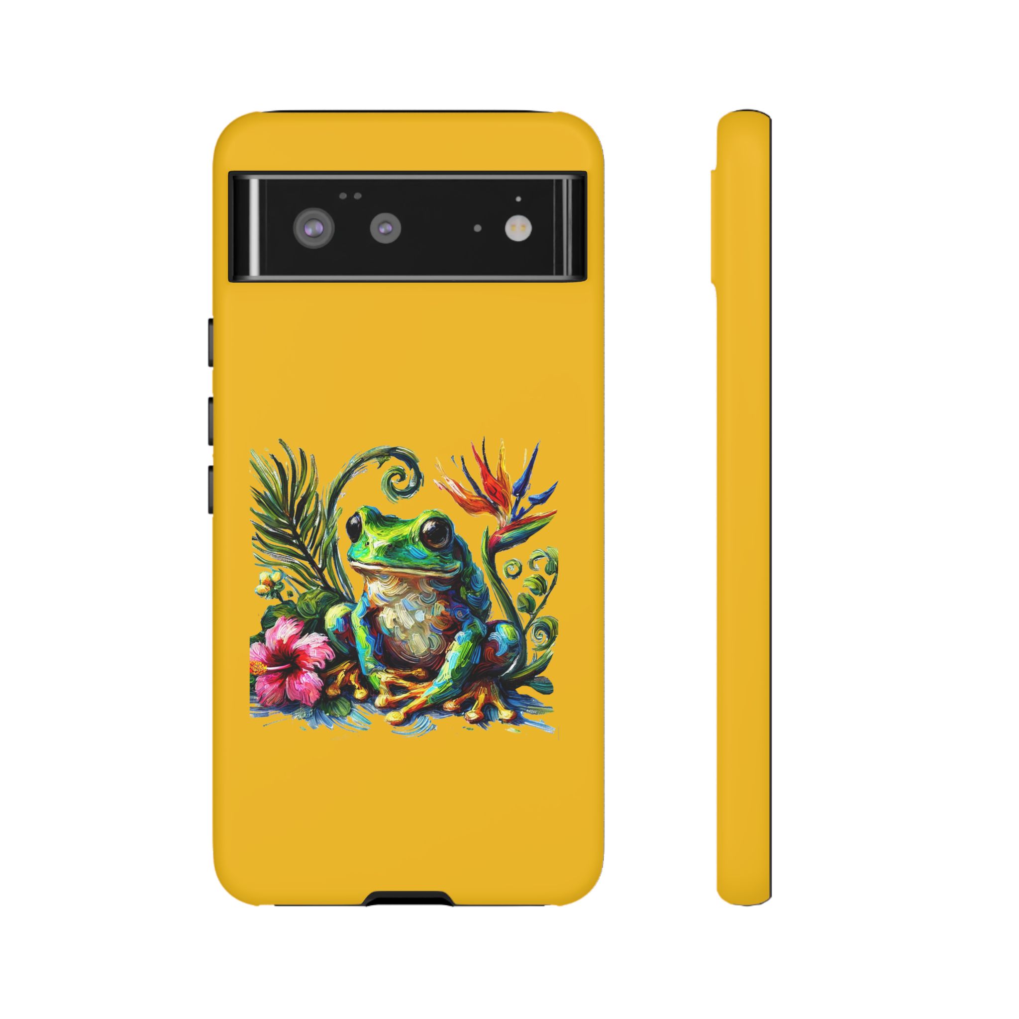 Yellow phone case featuring a colorful frog illustration surrounded by flowers and leaves.