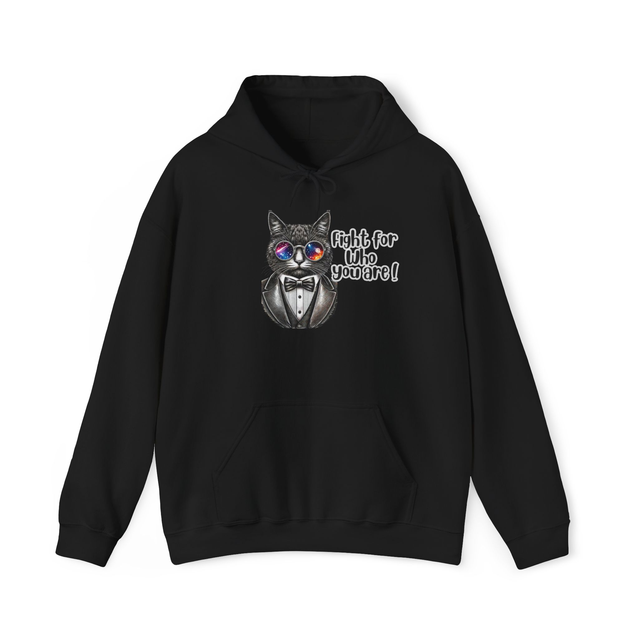 Black hoodie featuring a cat in a tuxedo with colorful glasses and the text 'Fight for who you are'.