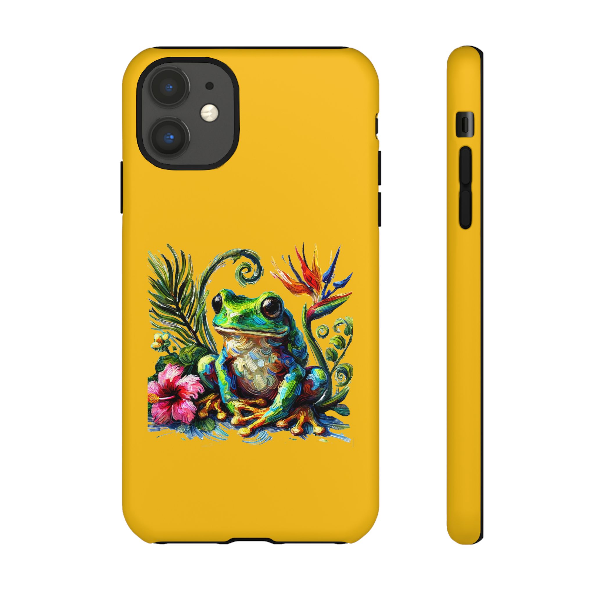 Yellow phone case featuring a colorful frog design with tropical flowers and leaves.