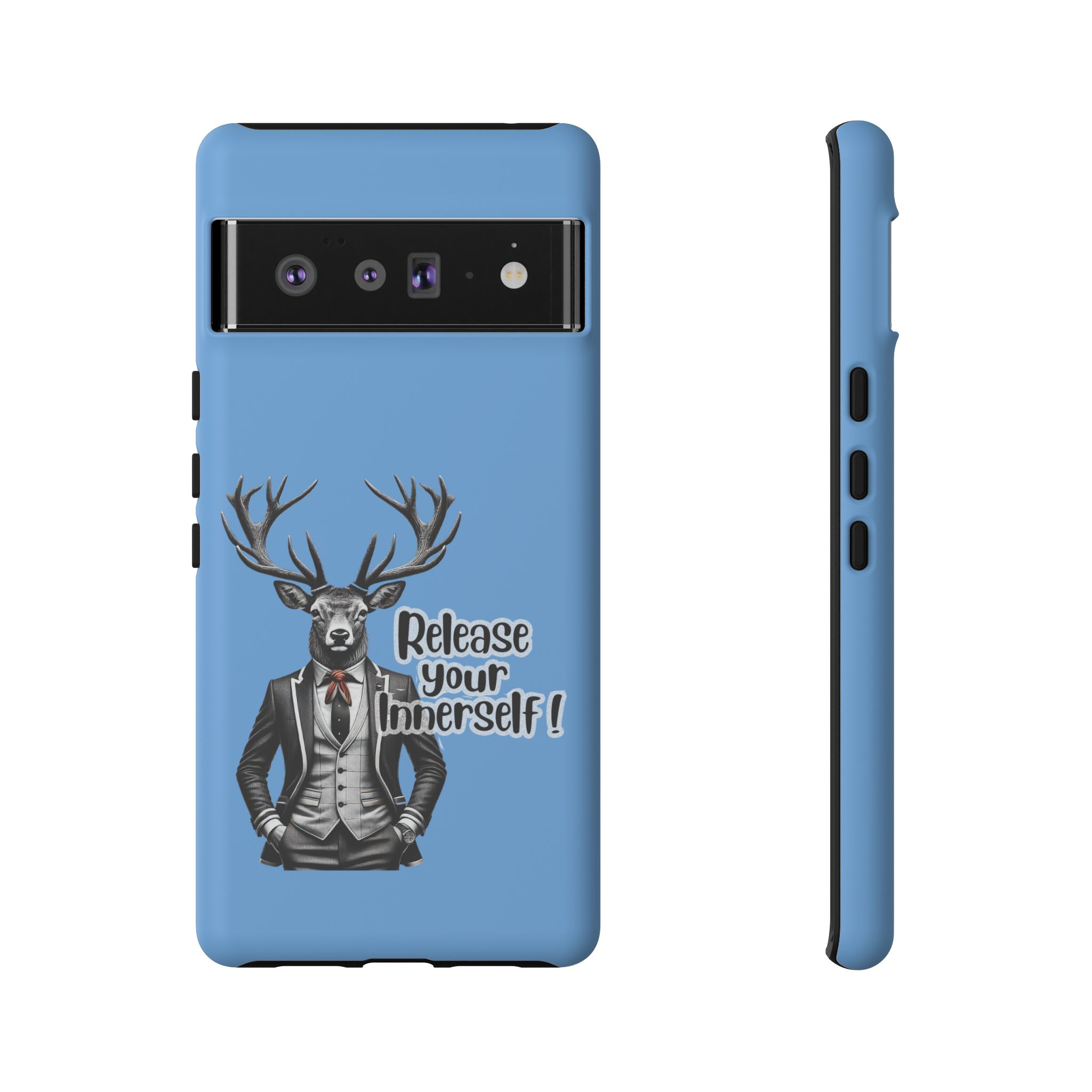 Blue phone case featuring a deer in a suit with the text 'Release your Innerself!'