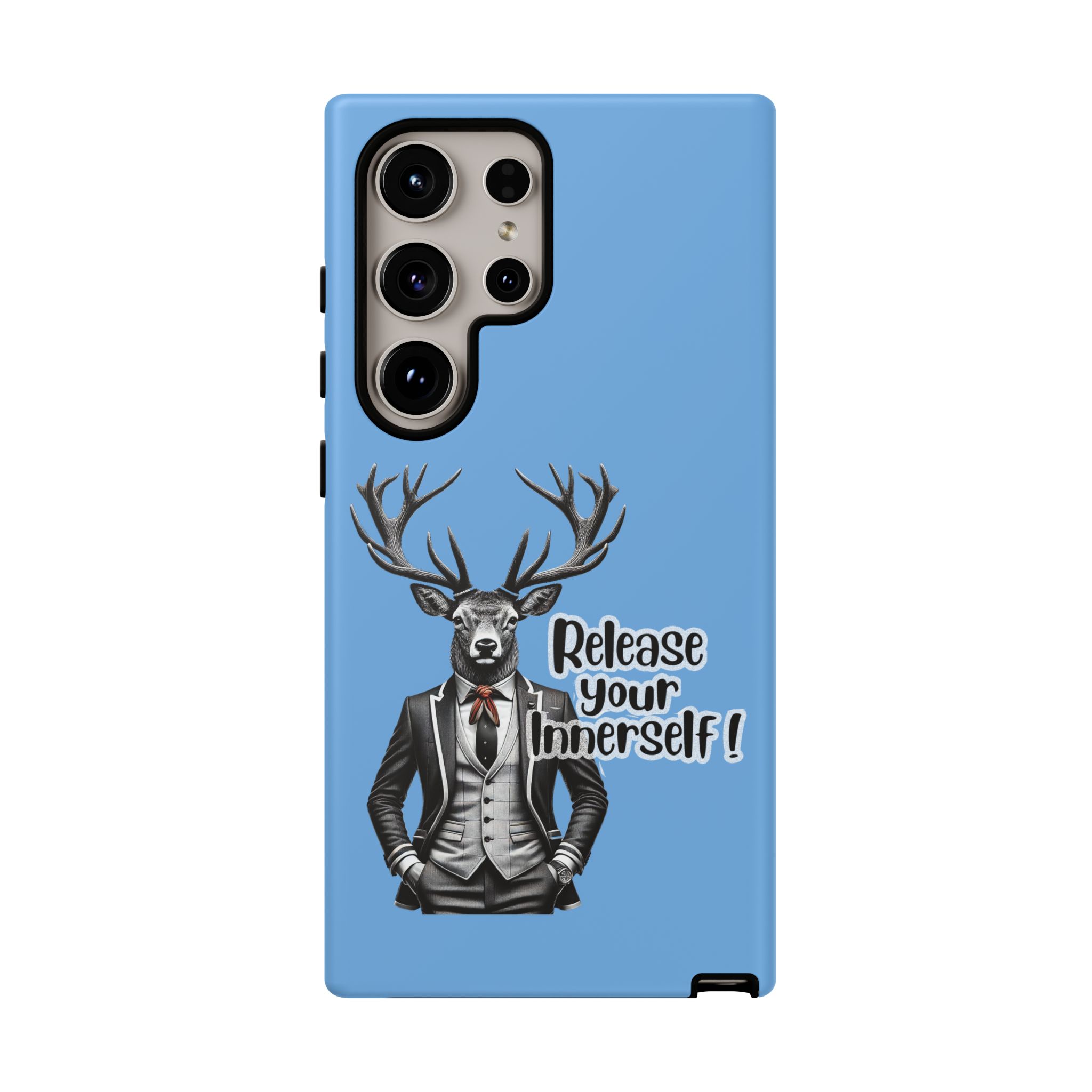 Phone case featuring a deer in a suit with the text 'Release your Innerself!' on a blue background.