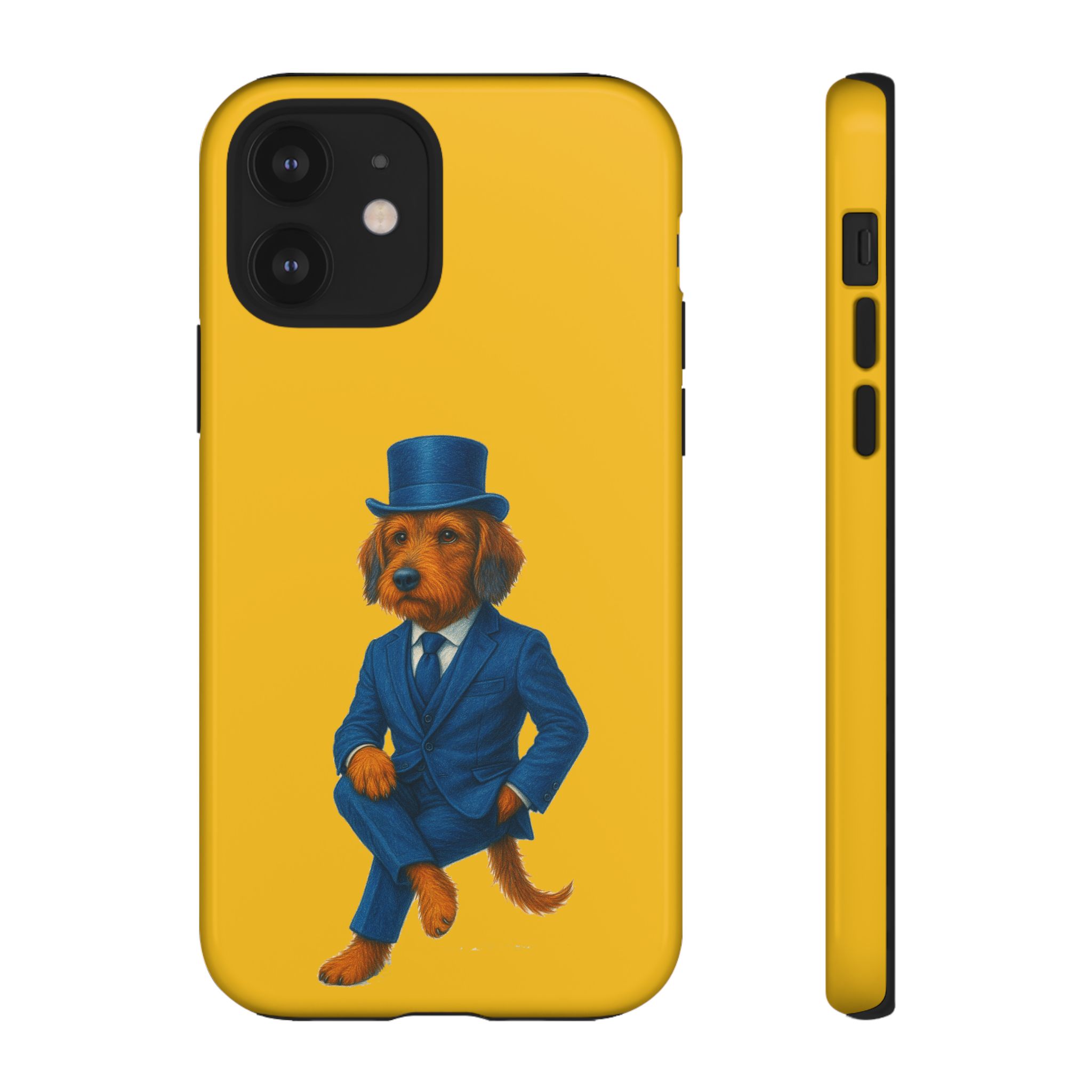 Phone case featuring a dog wearing a blue suit and a top hat against a yellow background.