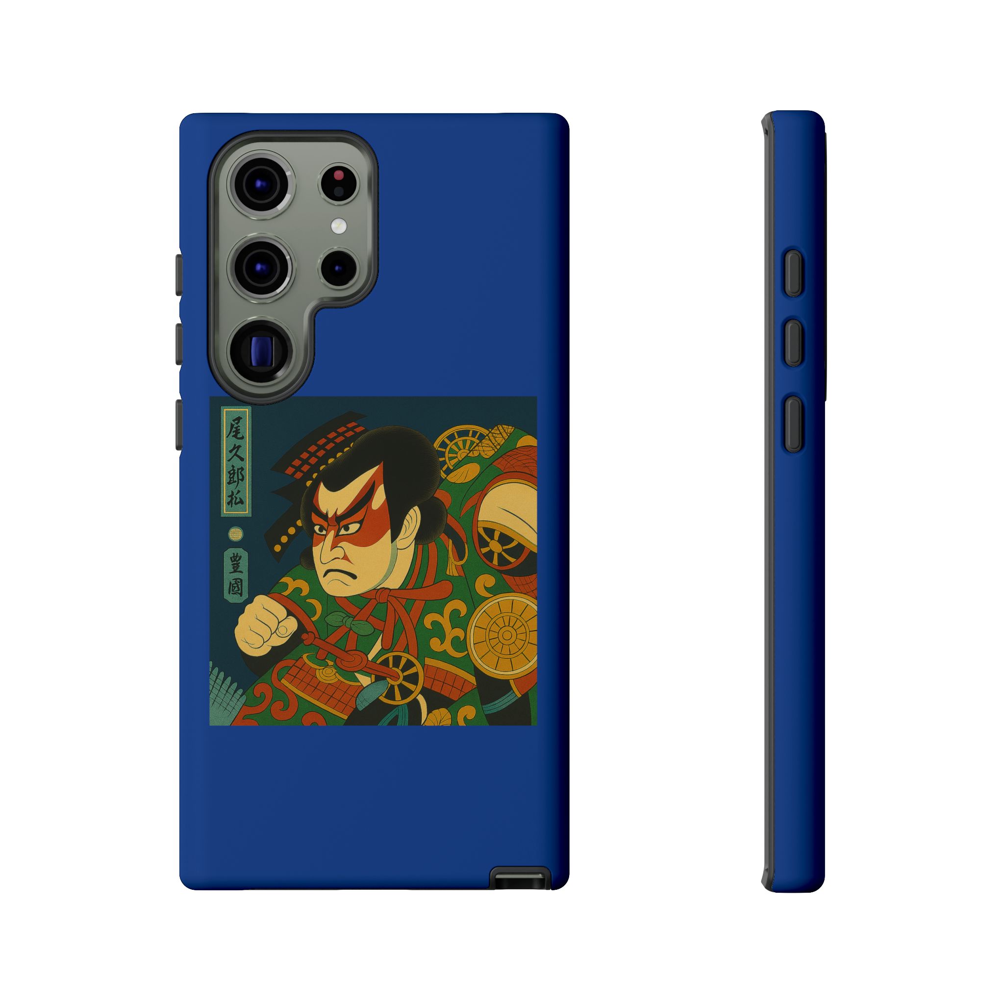 Blue phone case featuring traditional Japanese artwork of a samurai with vibrant colors and intricate designs.