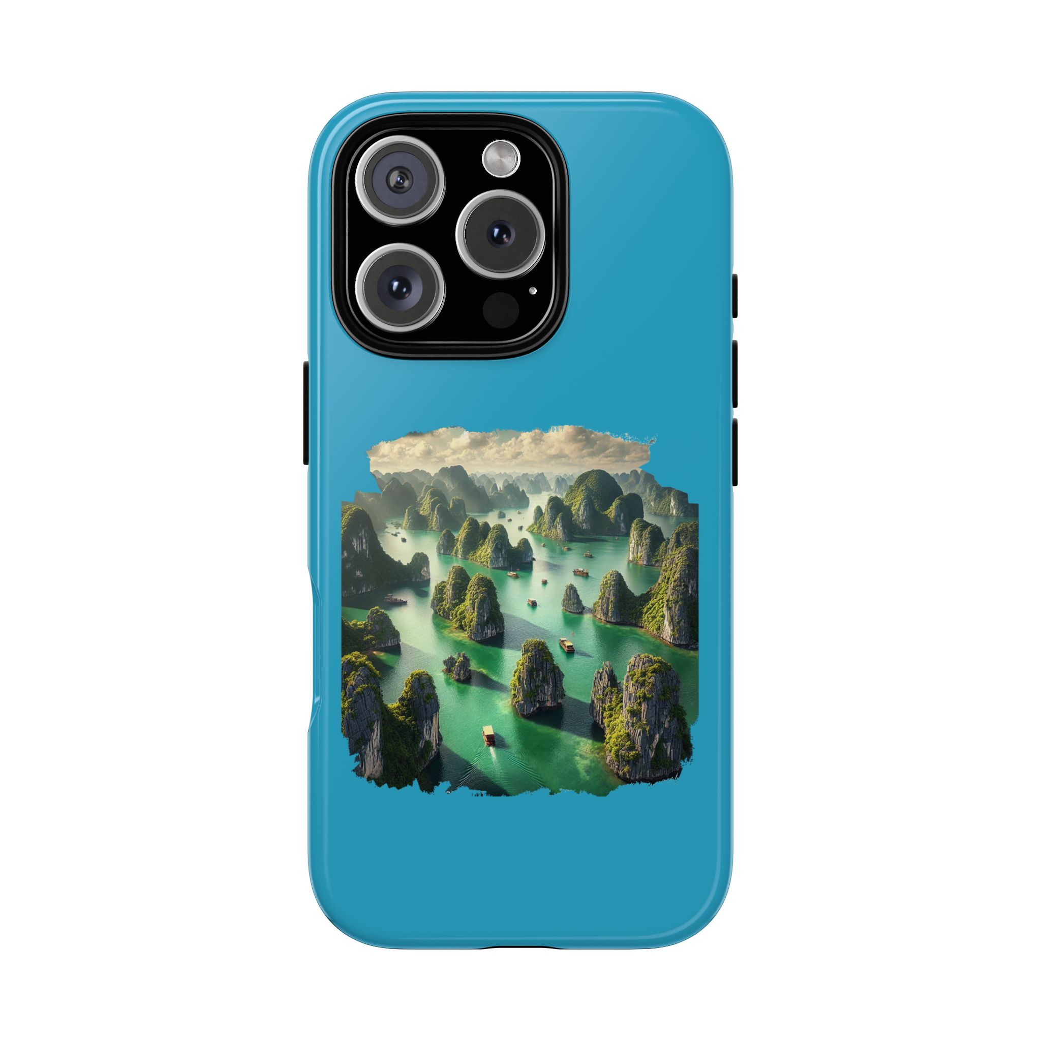 Blue phone case featuring a scenic landscape with mountains and boats on water.